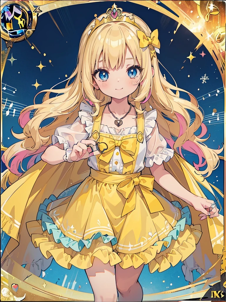 photo realistic, (masterpiece,best quality:1.4),(8k,raw photo,photo realistic:1.2),Not Safe for Work, detailed skin,detailed face,1girl,princess,Alice in Wonderland,cute face, super resolution,retro realistic details Illustration,,{{{elaborate,intricately,fantastic,delicately,tremendous,meticulous,minute,incredibly,obsessed,artisan's,subtle,virtuoso,skillful,vibrant, vivid, complex}}}, clearly focus edge, fresh natural gradation, best quality, amazing quality, very aesthetic, absurdres, pubisure,
((yellow, checkered, frilled, yellow layered, yellow mini skirt, overskirt)), ((White ruffle apron)), ((shiny wavy hair)), diadems, ankle boots, up-skirt, doress, (((is turning))), feet up, (yellow frilled shirt), yellow gothic dresses, shairband, shortsleeves, the bow hair, happy, ;p, medium bob, (blonde hair), ((wavy hair)), shimmering eyes, Blue eyes, ((yellow shairband)), (((skirt-lift))), melting smile, a smile, red blush, yellow Doress, Alice (Alice in Wonderland), (((cape))), White frilled legwear, ((yellow the Bow)), Puffy Sleeves, Bangss, shortsleeves, ((yellow bow ribbon)), long hair, (White frilled apron), (((tiara))), (((holding incomparably gigantic hammer))),
((A hammer imbued with magical power)), White frilled legwear, frilld, yellow gothic dresses,: q, ((Heart necklace)), ((ring)), masterpiece, top-quality, not safe for work, , child, 14 yo, braided bangs, arm garter, baby face ,twinkle in the eye, flat chest,
yumekawa,yumekawaii,pastel color,(wonderland:1.3),imagination, floating many (musical notes:1.4) with score, colorful musical notes, ((magic circlel background)),sparkling lights and snowflakes, colorful balloons, ((Multicolored lights)), (((trading card))),
