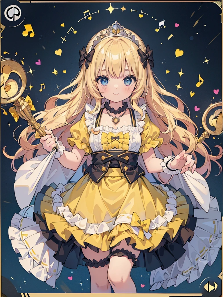 photo realistic, (masterpiece,best quality:1.4),(8k,raw photo,photo realistic:1.2),Not Safe for Work, detailed skin,detailed face,1girl,princess,Alice in Wonderland,cute face, super resolution,retro realistic details Illustration,,{{{elaborate,intricately,fantastic,delicately,tremendous,meticulous,minute,incredibly,obsessed,artisan's,subtle,virtuoso,skillful,vibrant, vivid, complex}}}, clearly focus edge, fresh natural gradation, best quality, amazing quality, very aesthetic, absurdres, pubisure,
((yellow, checkered, frilled, yellow layered, yellow mini skirt, overskirt)), ((White ruffle apron)), ((shiny wavy hair)), diadems, ankle boots, up-skirt, doress, (((is turning))), feet up, (yellow frilled shirt), yellow gothic dresses, shairband, shortsleeves, the bow hair, happy, ;p, medium bob, (blonde hair), ((wavy hair)), shimmering eyes, Blue eyes, ((yellow shairband)), (((skirt-lift))), melting smile, a smile, red blush, yellow Doress, Alice (Alice in Wonderland), (((cape))), White frilled legwear, ((yellow the Bow)), Puffy Sleeves, Bangss, shortsleeves, ((yellow bow ribbon)), long hair, (White frilled apron), (((tiara))), (((holding incomparably gigantic hammer))),
((A hammer imbued with magical power)), White frilled legwear, frilld, yellow gothic dresses,: q, ((Heart necklace)), ((ring)), masterpiece, top-quality, not safe for work, , child, 14 yo, braided bangs, arm garter, baby face ,twinkle in the eye, flat chest,
yumekawa,yumekawaii,pastel color,(wonderland:1.3),imagination, floating many (musical notes:1.4) with score, colorful musical notes, ((magic circlel background)),sparkling lights and snowflakes, colorful balloons, ((Multicolored lights)), (((trading card))),