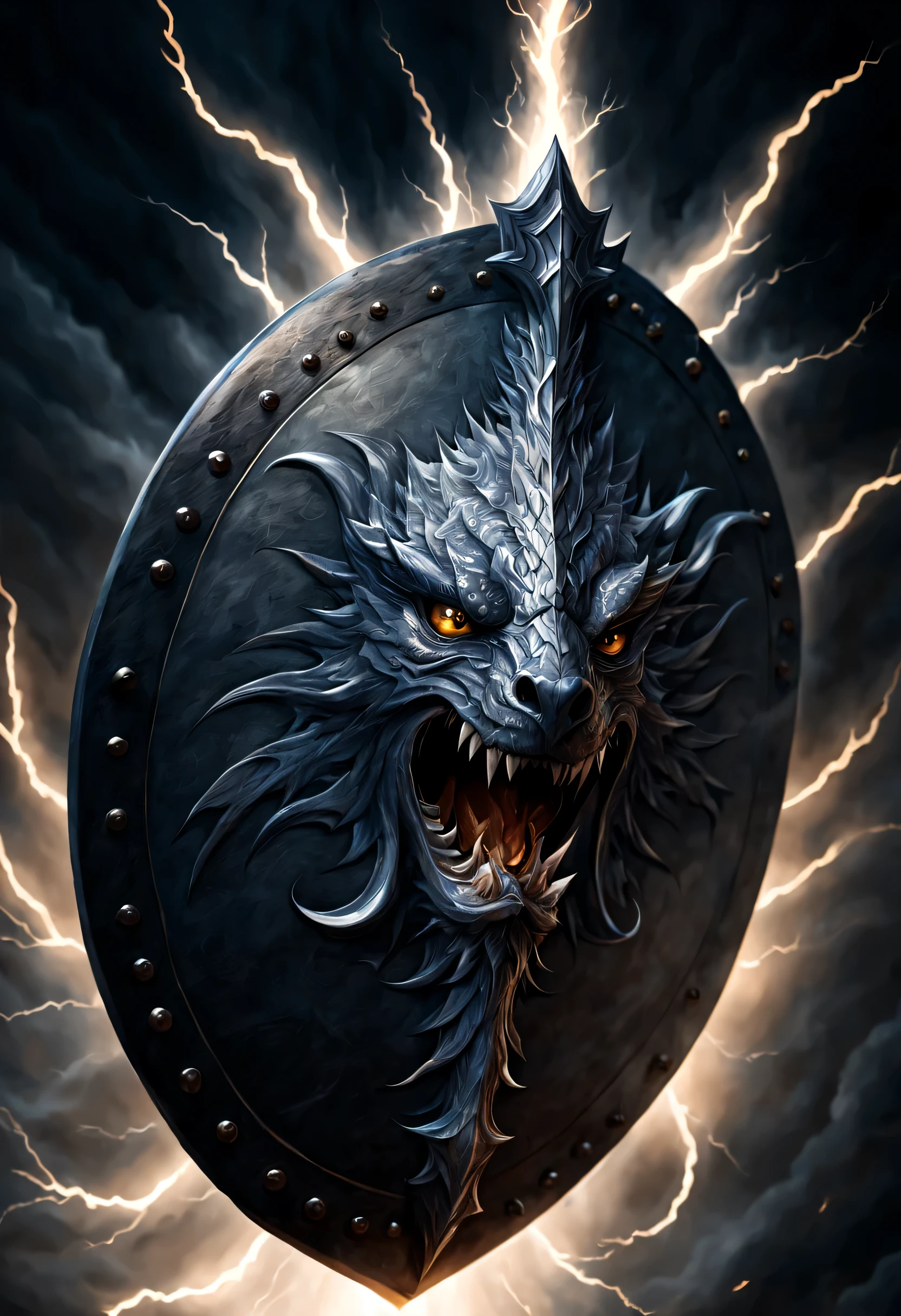 antasy art, dnd art, RPG art, wide shot a picture of a (shield: 1.5) with a silver dragon head breathing lightning,  high details, best quality, 16k, [ultra detailed], masterpiece, best quality, (extremely detailed), close up, photorealistic, RAW, fantasy art, dnd art, fantasy art, realistic art,