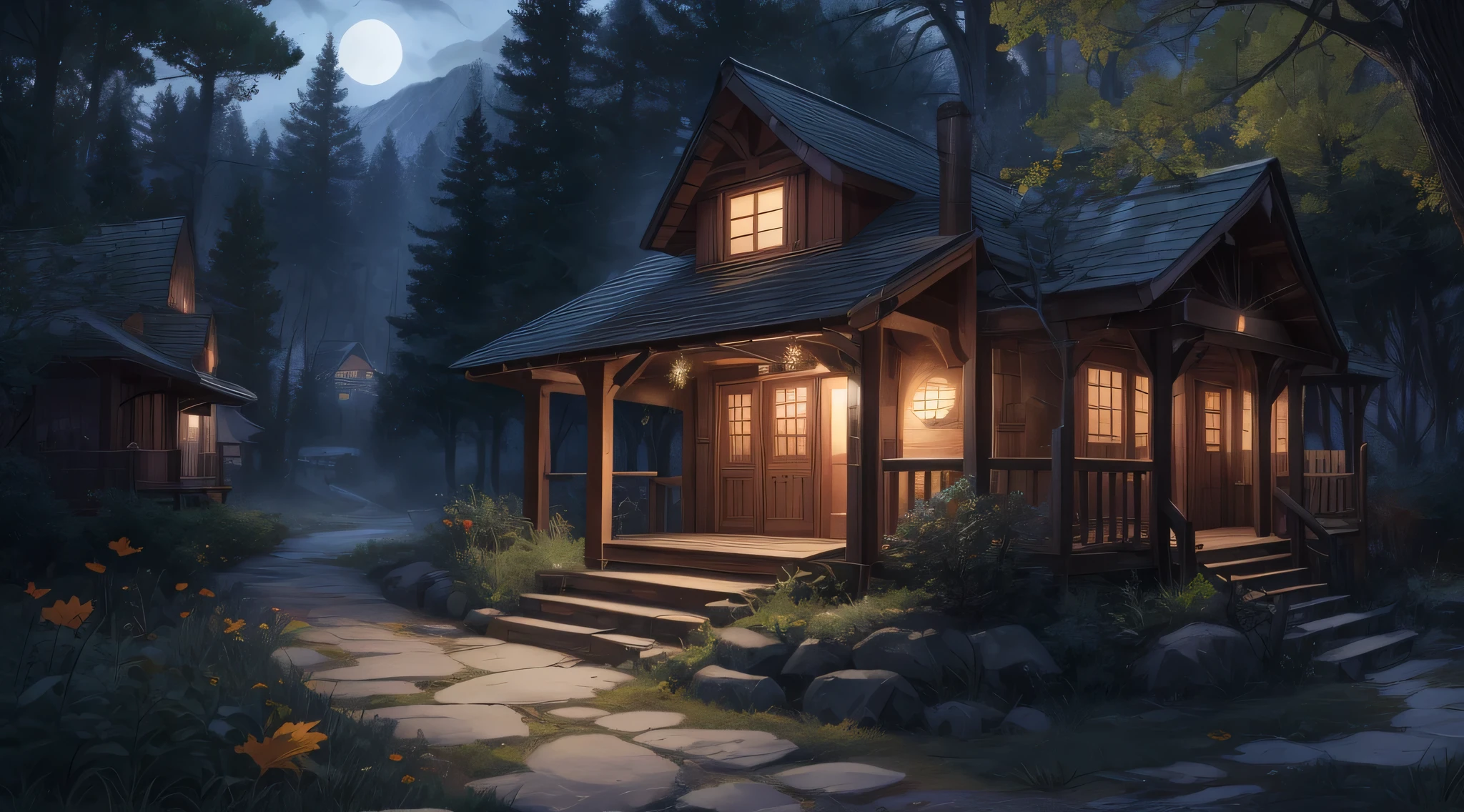 (Best quality),(masterpiece),(ultra detailed),(high detailed),(extremely detailed),quaint and lowkey forest village hideaway and amusement park, mysterious, tucked away deep in the woods, tucked away deep in the tundra, tucked away high in the mountains, tucked away the magic of the oak, tucked away the magic of the moon