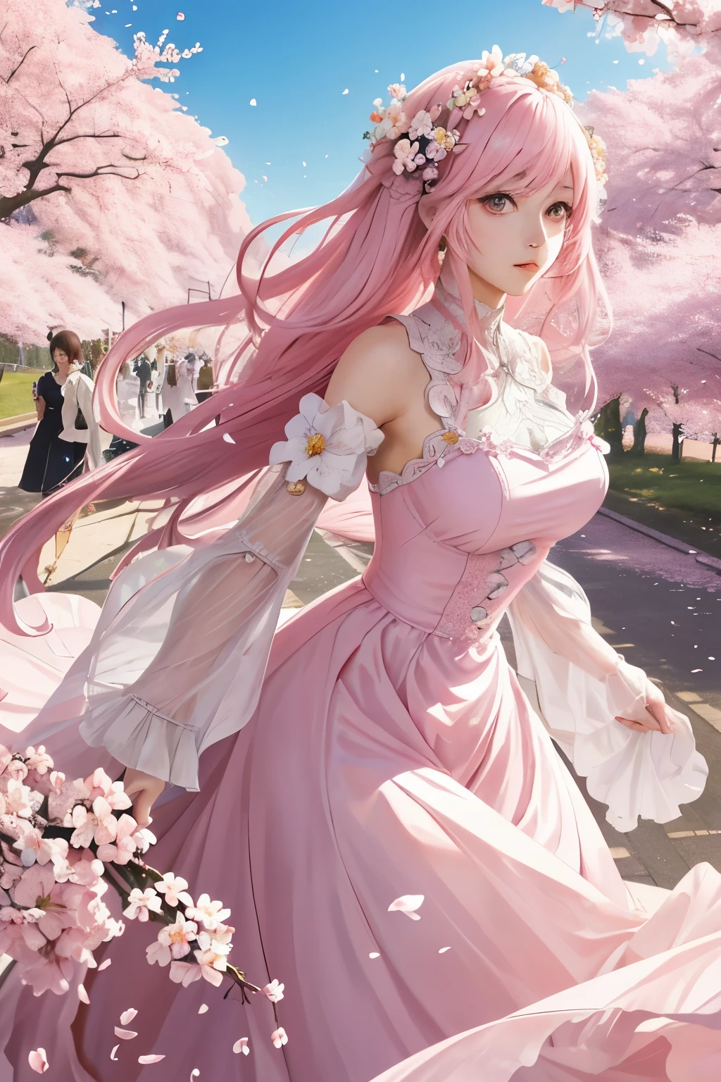 Anime girl with a head full of flowers, exquisitely detailed, 5.2 version, super realistic, (cherry blossoms, petals softly falling), vibrant colors, elegant and graceful, beautiful and aesthetic, (expressive eyes, big, wide, and open), artistic, anime style masterpiece, best quality, ultra detailed, official art, dynamic angle, captivating, (pink and white petals entwined in her long, flowing hair), harmonious blend of humanity and nature, ultra high resolution, photoshoot, atmospheric background, anime world landscape.