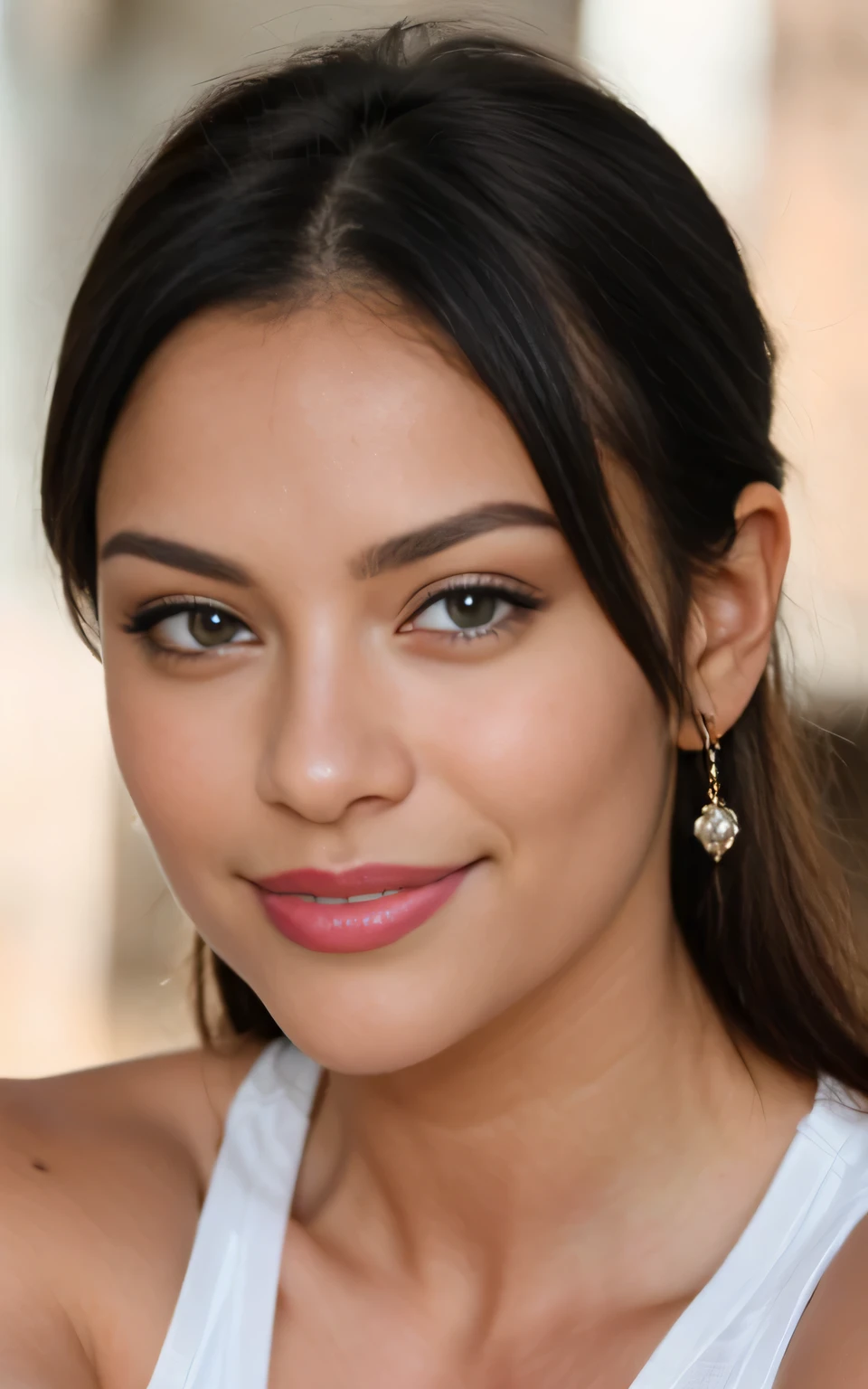 Retrato hermosa latina haciendose una selfie mirando directamente a la camara, selfie, escote, sonrisa inocente. 23-year-old ager. Ojos de color verde claros. Mirada cautivante. Mirada atractiva. Nariz bien formada, proportioned lips and defined cheekbones. Foto natural. small mouth. Cabello naturalmente ondulado. Alta resolucion. Tez clara y saludable. Piel suave y radiante. Cabello sano, shiny and well-kept light brown color. Mejor Qulaity, Detalles intrincados, Muy detallado, Sharp focus, piel detallada, textura de piel realista, textura, ojos detallados, profesional, 4K, sonrisa encantadora, disparado con Canon, 85mm, Ligera profundidad de campo, Kodak Color Vision, cuerpo perfectamente ajustado, extremadamente detallado, photograph_\( ultra\), fotorealista, realista, posprocesamiento, Maximum details, rugosidad, vida real, ultrarrealista, fotorrealismo, Photography, 8K UHD, Photography. Foto nitida, claridad.