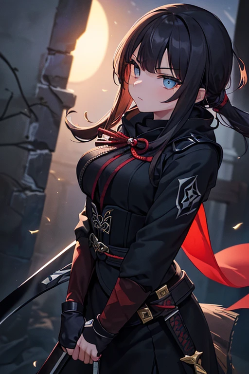 (masterpiece, exquisite beautiful eyes: 1.5), masterpiece ,1 girl,,Beautiful eyes like red jewels,,((An assassin who blends into the dark night:1.5))、(dark night、darkness)、In the dark、((floating in the dark))、Killing suite、(Japanese sword)