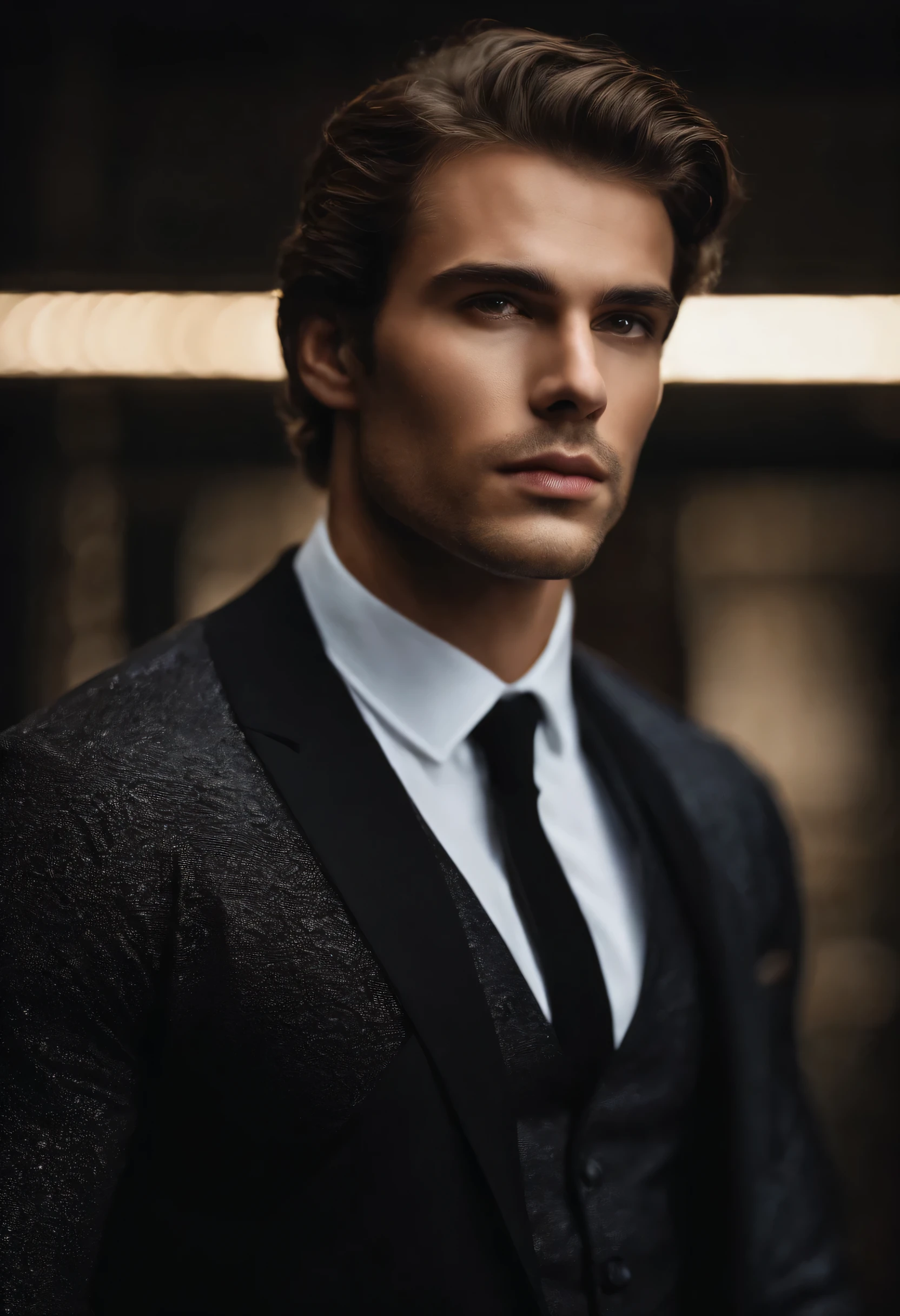 high quality, face portrait, european man, wearing black dress, serious face, detailed face, skin pores, dramatic lighting