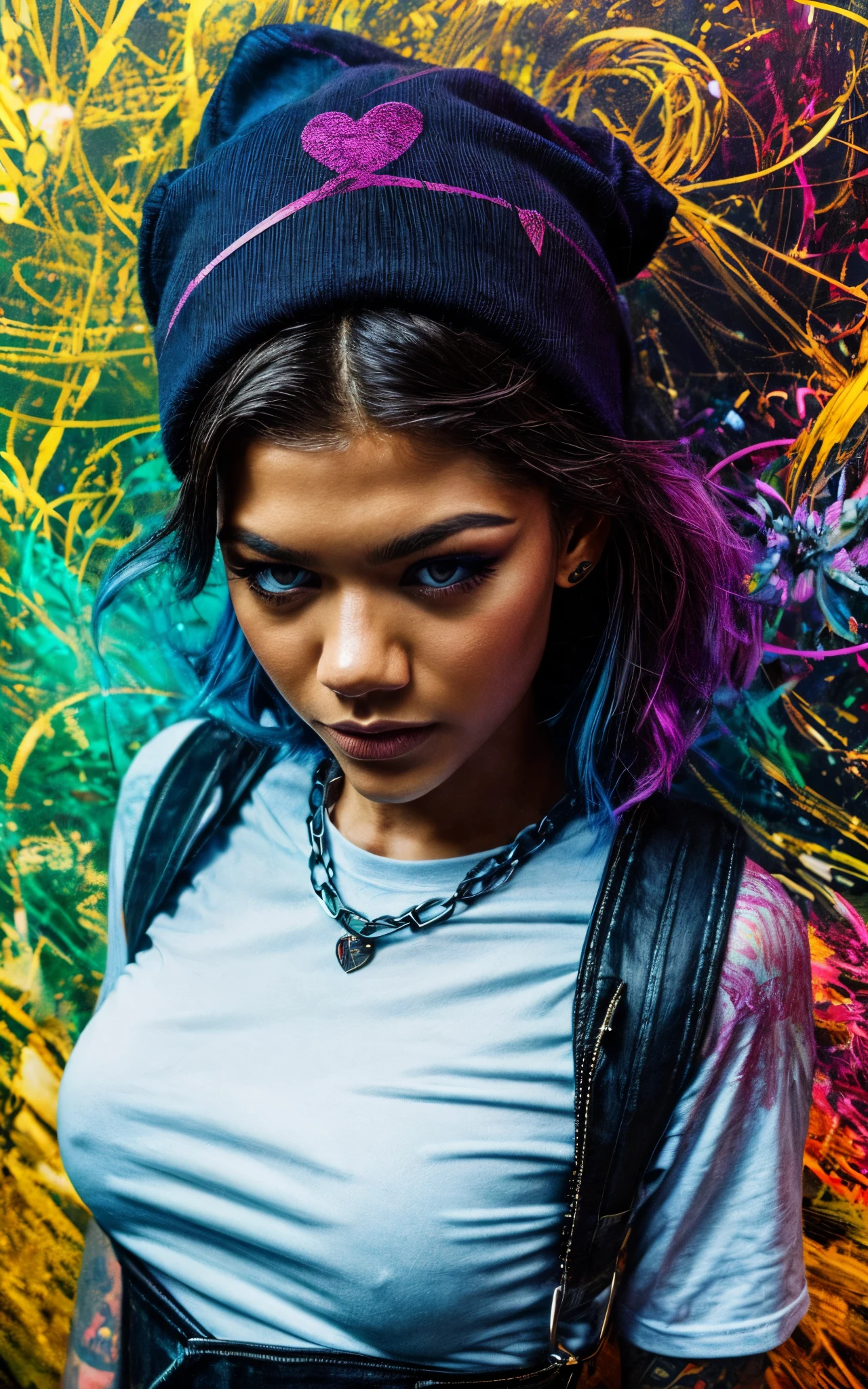 (zendaya), at the the Grand Central Terminal, cinematic, medium shot, whole head in frame, detailed face, detailed eyes, evening, punk aesthetic, pale blue ripped jeans, braces, suspenders, black boots, white shirt, skull, heart, necklace, chain, bullets, black leather jacket, dark blue beanie, tattoo sleeve, right arm, intricate design, flowers, yellowed skull, dyed hair, light purple roots, blue ends, navy T-shirt, rock, chick, messy hair, Full body, Beautiful anime waifu style girl,hyperdetailed painting, luminism, art by Carne Griffiths and Wadim Kashin concept art, dark background, abstract beauty, approaching perfection, pure form, golden ratio, minimalistic, dark atmosphere, unfinished, concept art, by Brian Froud and Carne Griffiths and Wadim Kashin and John William Waterhouse, intricate details, 8k post production, high resolution, hyperdetailed, trending on artstation, sharp focus, studio photo, intricate details, highly detailed, by greg rutkowski