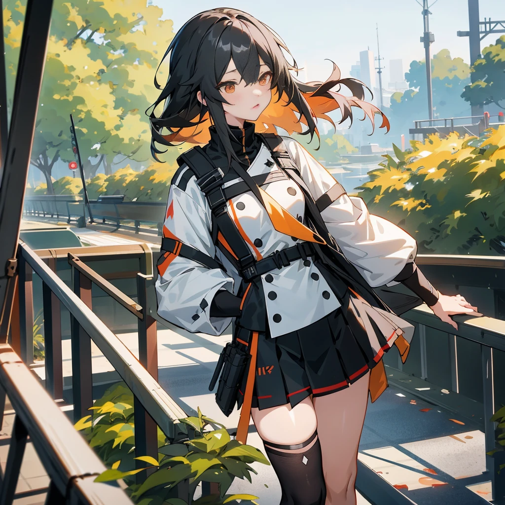 anime girl in a black and white outfit standing on a bridge, girls frontline style, artwork in the style of guweiz, kantai collection style, from girls frontline, guweiz, girls frontline cg, guweiz on artstation pixiv, guweiz on pixiv artstation, fine details. girls frontline, smooth anime cg art