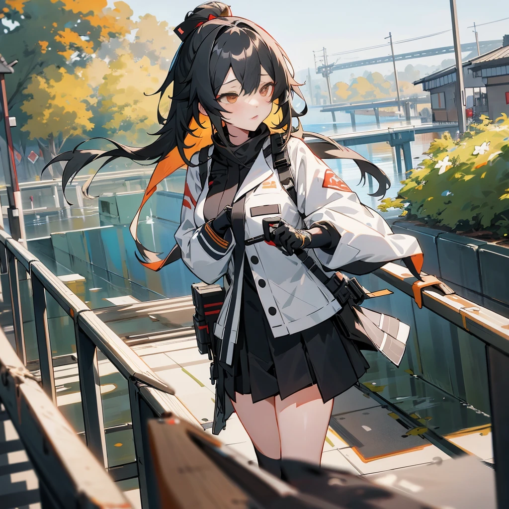 anime girl in a black and white outfit standing on a bridge, girls frontline style, artwork in the style of guweiz, kantai collection style, from girls frontline, guweiz, girls frontline cg, guweiz on artstation pixiv, guweiz on pixiv artstation, fine details. girls frontline, smooth anime cg art