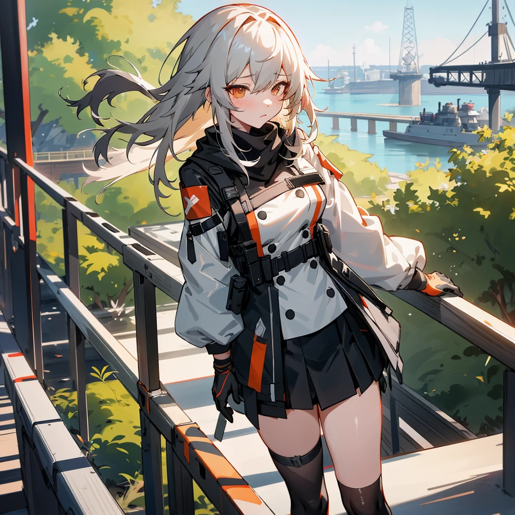anime girl in a black and white outfit standing on a bridge, girls frontline style, artwork in the style of guweiz, kantai collection style, from girls frontline, guweiz, girls frontline cg, guweiz on artstation pixiv, guweiz on pixiv artstation, fine details. girls frontline, smooth anime cg art