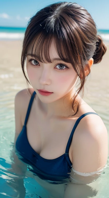 masutepiece, Best quality, illustration, Ultra-detailed, finedetail, A high resolution, 8K wallpaper, Perfect dynamic composition, Beautiful detailed eyes, swim wears, Random cute hairstyle, Medium breasts, Natural color lips,beach, Random cute pose,