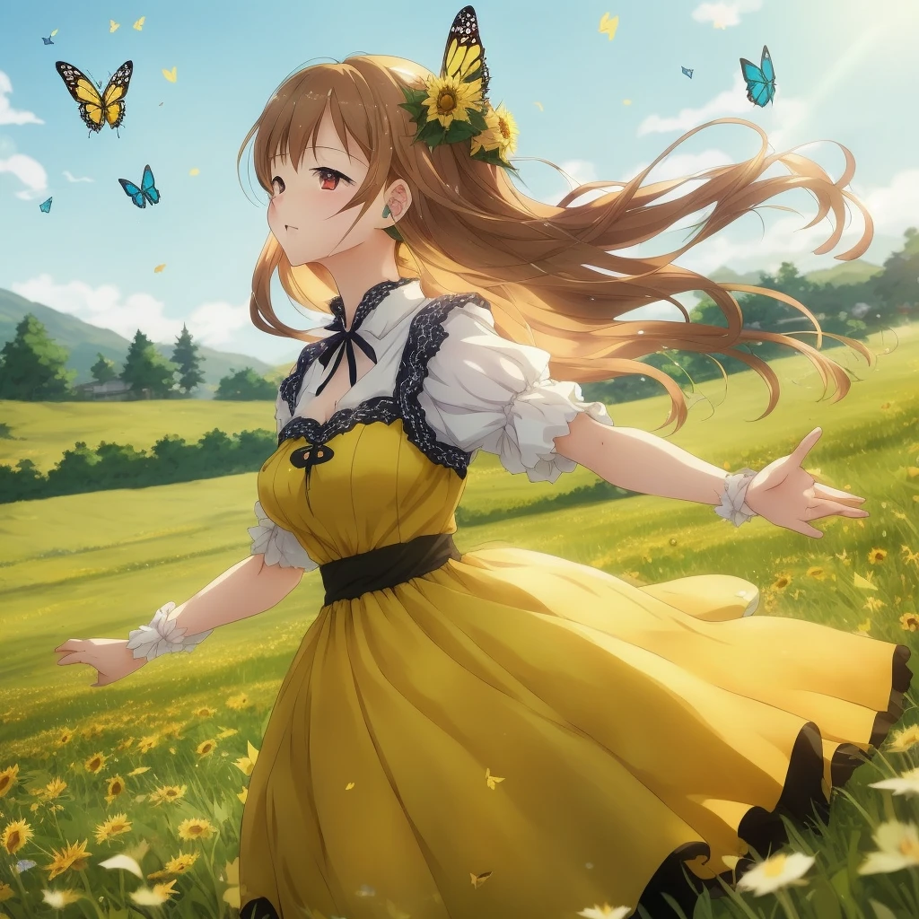 anime girl in yellow dress with butterflies flying around her, beautiful sunflower anime girl, pixiv contest winner, guweiz on pixiv artstation, beautiful anime, girl dancing in a flower field, digital art on pixiv, anime beautiful peace scene, rin, cute anime waifu in a nice dress, smooth anime cg art, pixiv