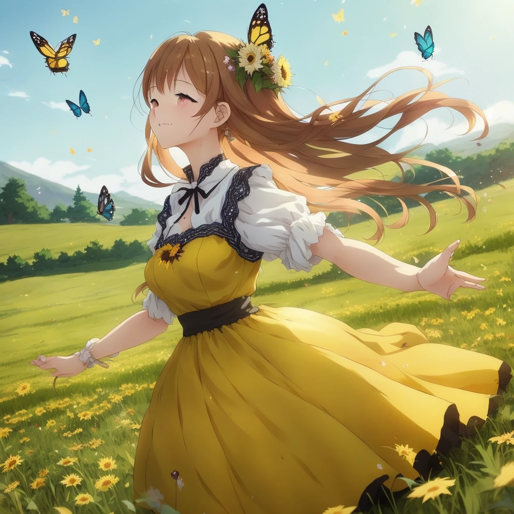 anime girl in yellow dress with butterflies flying around her, beautiful sunflower anime girl, pixiv contest winner, guweiz on pixiv artstation, beautiful anime, girl dancing in a flower field, digital art on pixiv, anime beautiful peace scene, rin, cute anime waifu in a nice dress, smooth anime cg art, pixiv