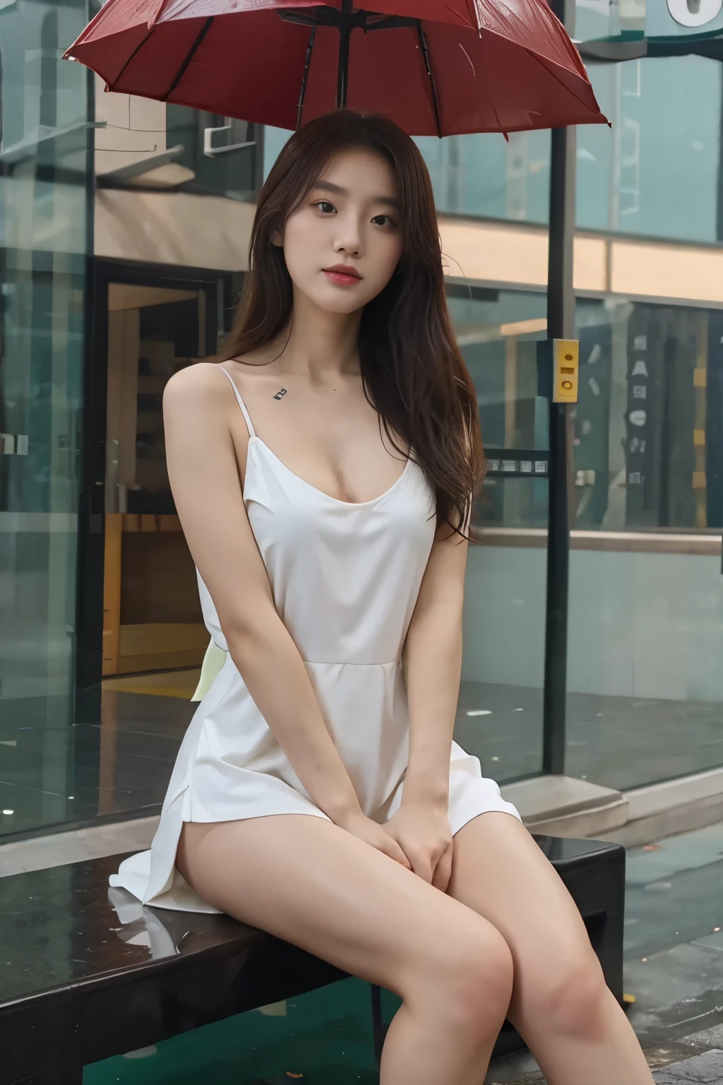 Korean beauty,Wear a split dress,Sitting on a rainy day,slenderlegs