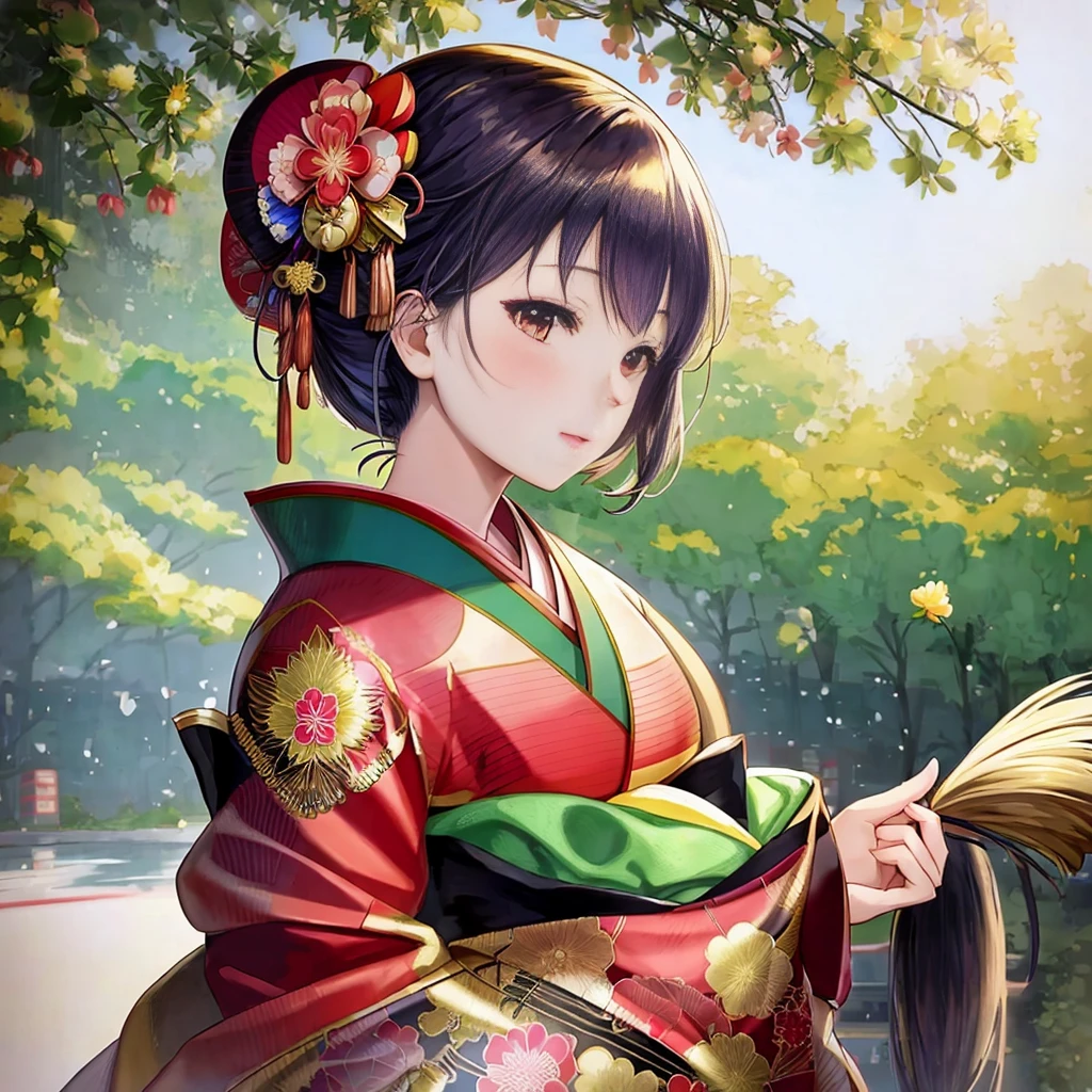 anime girl in kimono outfit holding a hat and a flower, beautiful anime portrait, palace , a girl in hanfu, artwork in the style of guweiz, beautiful character painting, in a kimono, beautiful anime girl, in kimono, anime style portrait, guweiz, beautiful anime woman, portrait of an anime girl, young anime girl