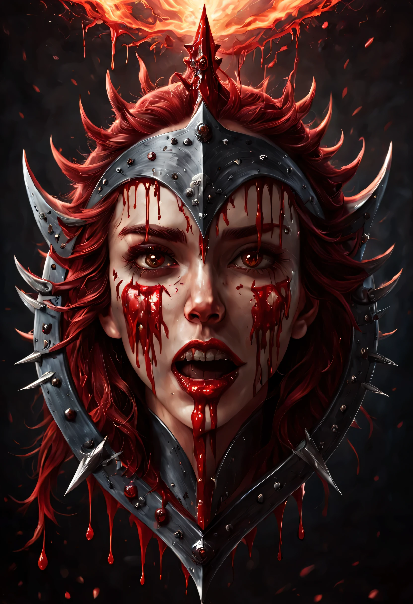 antasy art, dnd art, RPG art, wide shot a picture of a (shield: 1.5) with a female vampire head, blood dripping, vampiric fangs, high details, best quality, 16k, [ultra detailed], masterpiece, best quality, (extremely detailed), close up, photorealistic, RAW, fantasy art, dnd art, fantasy art, realistic art,