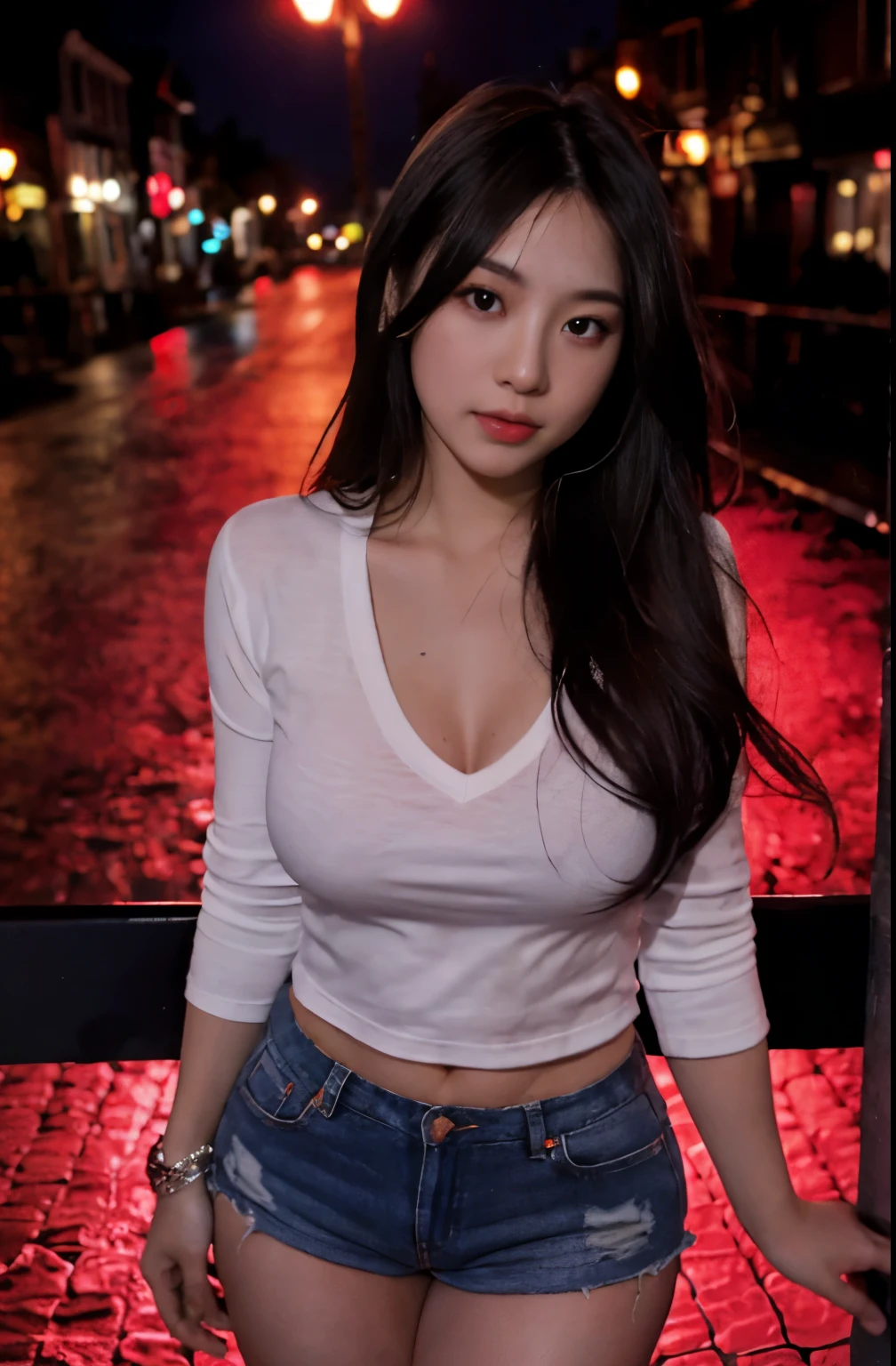 lady, posing seductively to viewer, solo:1, pov, beautiful thick thighs,
red light district background, long hair, 3/4 body, V neck mini hot shorts