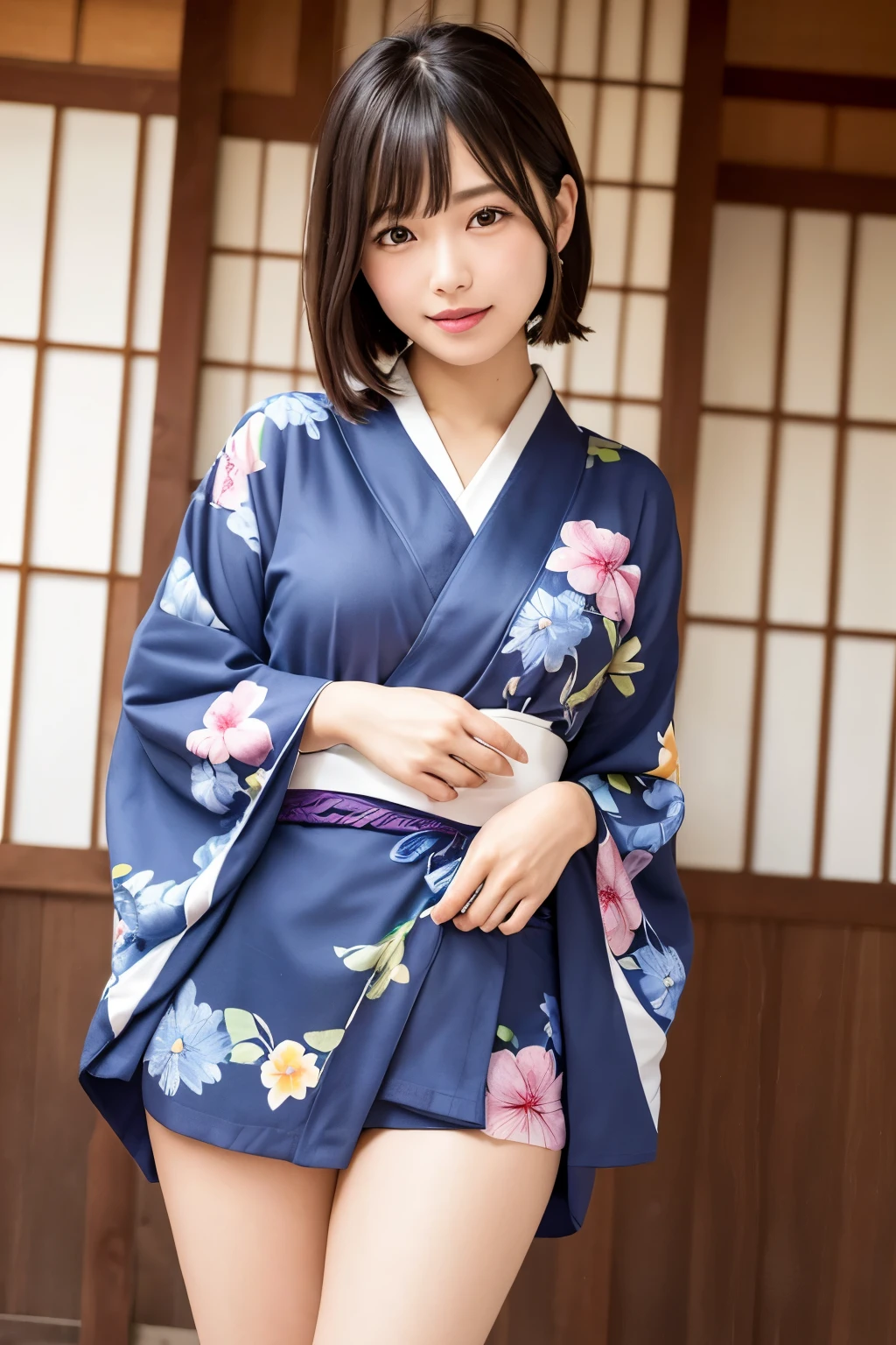 (masterpiece:1.3), High resolution, Super detailed, Highly detailed CG Unity 8K wallpaper, realistic, photo-realistic, RAW photo, beautiful detailed face, white skin, realistic glistening skin, fine cloth texture, detailed hair texture, perfect body, beautiful face, Accurate, anatomically correct, Highly detailed face and skin texture, natural neck length, (beautiful hands), (Fair skin:1.2), thin legs, thin legs, Beautifully aligned teeth throughout the body、Plump thighs、I can see my thighs、Kimono length is short、mooth calves、
fine eyes, symmetrical eyes, light brown eyes, double eyelid, (glossy lips:1.4), ((smile gently:1.2)), (blush:1.1)
Low - Angle、Projection from below、
(very cute girl:1.3), ((Wearing a cute high-class yukata with a floral pattern:1.3)), 
big breasts、Plump breasts, (slender body shape:1.1)
((asymmetrical bangs:1.2)), shortcut
((elegant posture:1.3)), 
((In a wide overnight ride in Kyoto:1.4)),looking at the viewer