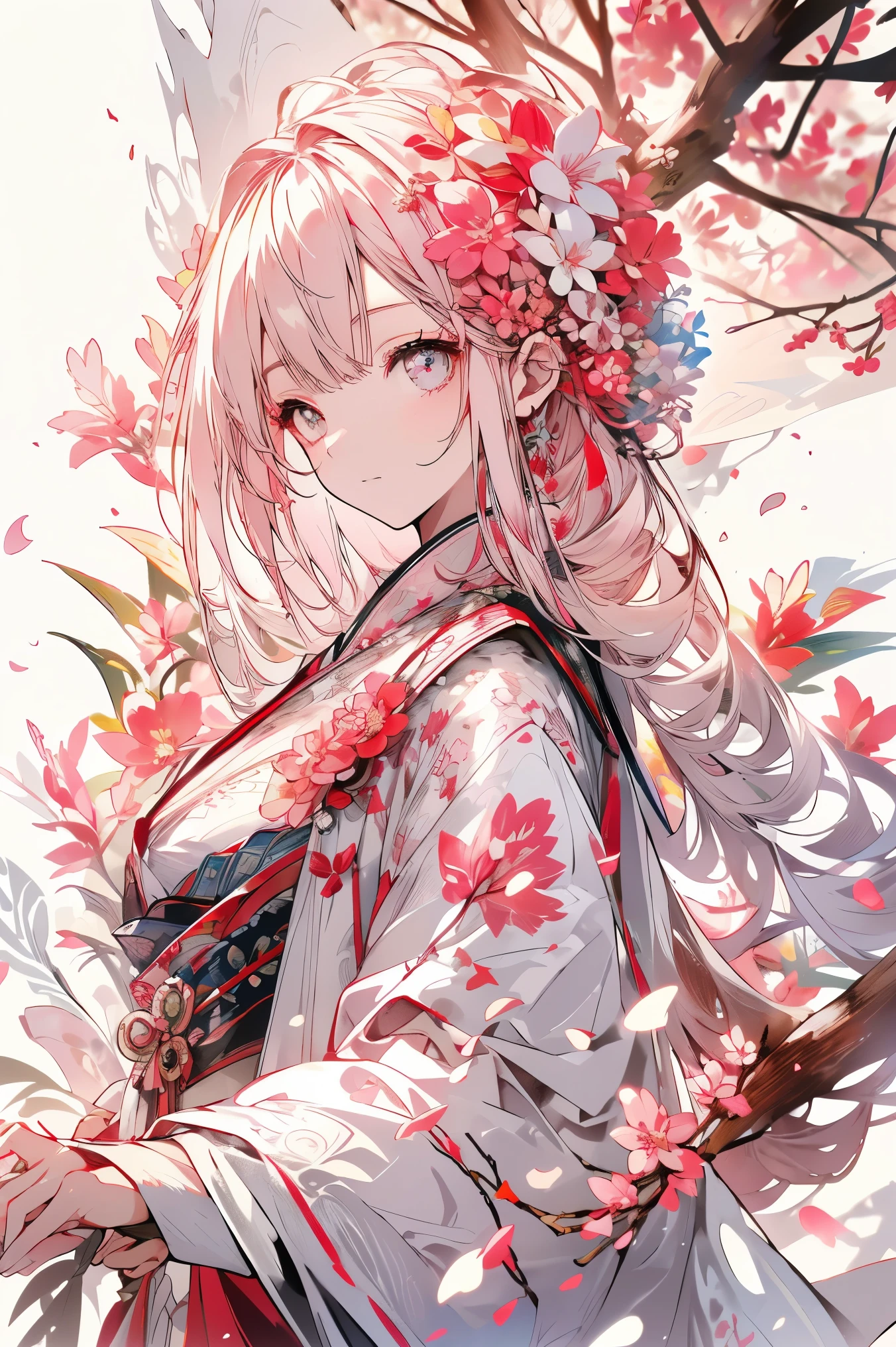 (White background:1.4),(White dirt road, Oriental elements),(Nature Illustration Spring:1.3,paper art:1.3, Quilted Paper Art:1.2),( Reasonable design, Clear lines, High Sharpness,Best Quality, Very detailed, masutepiece, Movie Light Effects, 4K )(Cherry leaves、Cherry blossoms in spring:1.0)、Many cherry blossoms flutter、the wind、Background with、Spring-like、Girl Facing Left、Pink petals、A large number of cherry petals、very light pink hair