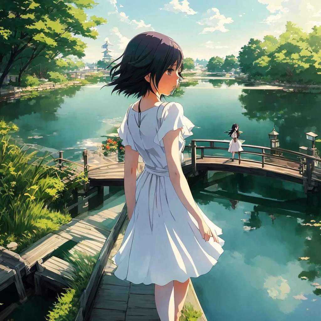 anime girl in white dress walking across a bridge over a pond, artwork in the style of guweiz, anime style 4 k, guweiz, anime girl walking on water, makoto shinkai. digital render, 4k anime wallpaper, beautiful anime scene, anime art wallpaper 4 k, anime art wallpaper 4k, anime art wallpaper 8 k