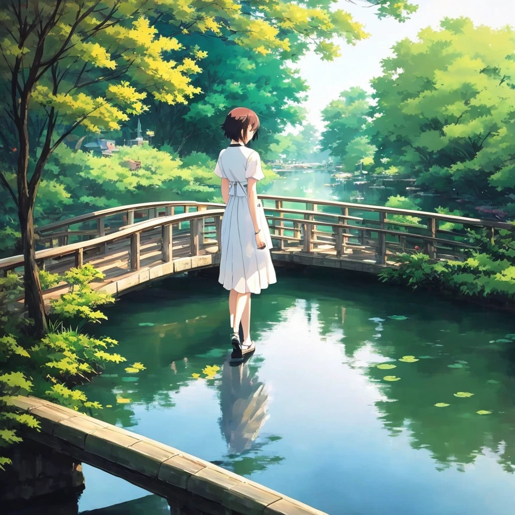 anime girl in white dress walking across a bridge over a pond, artwork in the style of guweiz, anime style 4 k, guweiz, anime girl walking on water, makoto shinkai. digital render, 4k anime wallpaper, beautiful anime scene, anime art wallpaper 4 k, anime art wallpaper 4k, anime art wallpaper 8 k