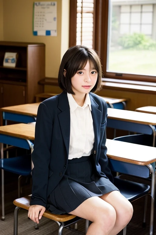 ((highest quality)), ((masterpiece)), (be familiar with), perfect face,Japanese、short hair、high school girl、skirt、blazer、shirt、、Unbutton、classroom、blackboard、By the window、2Book Hands、feet