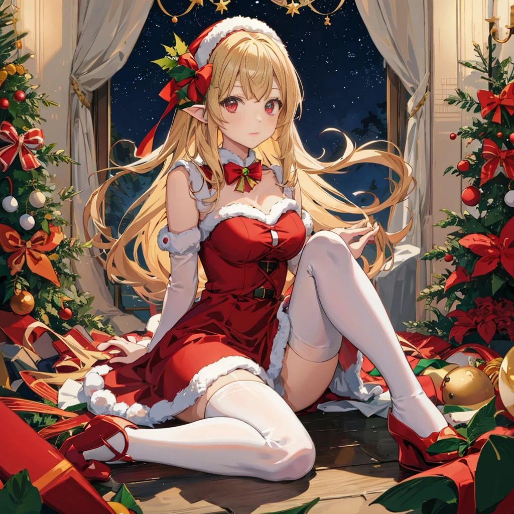 anime girl in a red dress sitting in front of a christmas tree,  in dress, cute anime waifu in a nice dress, christmas night, rin, splash art anime , elf girl, pixiv, at pixiv, beautiful anime girl, anime barbie in white stockings, , (anime girl), guweiz on pixiv artstation