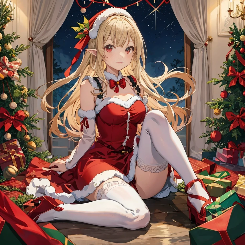 anime girl in a red dress sitting in front of a christmas tree,  in dress, cute anime waifu in a nice dress, christmas night, rin, splash art anime , elf girl, pixiv, at pixiv, beautiful anime girl, anime barbie in white stockings, , (anime girl), guweiz on pixiv artstation