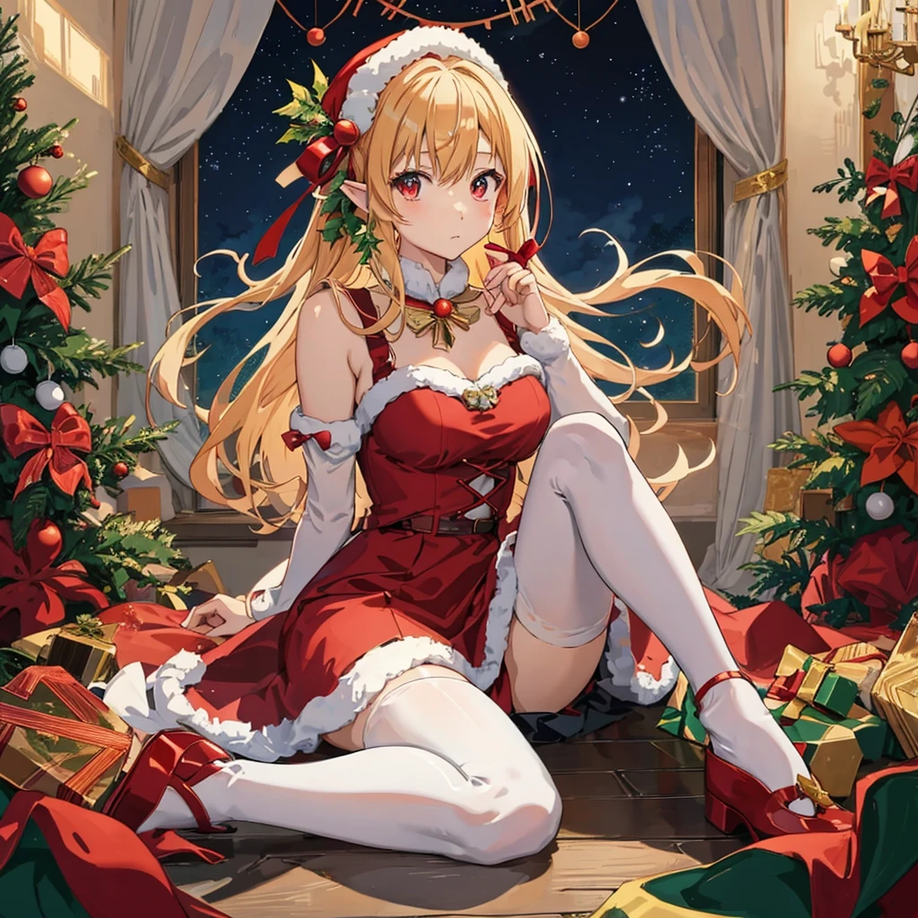anime girl in a red dress sitting in front of a christmas tree, in dress, cute anime waifu in a nice dress, christmas night, rin, splash art anime , elf girl, pixiv, at pixiv, beautiful anime girl, anime barbie in white stockings, , (anime girl), guweiz on pixiv artstation