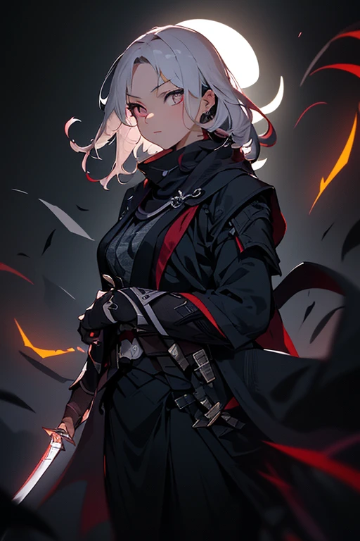 (masterpiece, exquisite beautiful eyes: 1.5), masterpiece ,1 girl,,Beautiful red eyes,((An assassin who blends into the dark night:1.5))、(dark night、darkness)、In the dark、((floating in the dark))、Killing suite、(holding a Japanese sword)