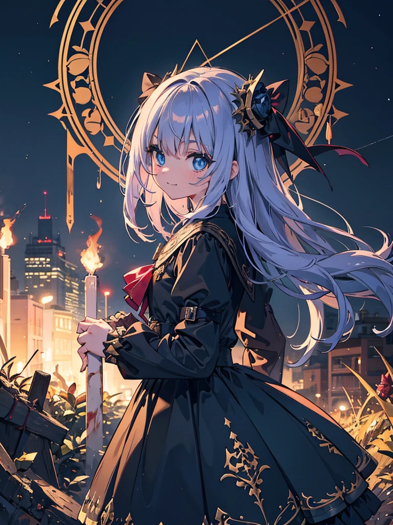 {{{Very aesthetic, best quality}}}, super resolution, {{{elaborate, intricately,fantastic,delicately,tremendous,meticulous,minute,incredibly,obsessed,artisan's,subtle,virtuoso,skillful,vibrant, vivid}}} , happy theme, evil malice smile,perfect finger, perfect hand,devi Girl, really blue eyes, child body,Assassin, bags under eyes, {{christmas costume dress}},evil pank Night City, {{illuminated magic atmosphere}}, malice party field , rainbow fire, holding weapon, weapon is hammer, cowboy shot from side,bloody rune magic circle,blood letters, digital art, realistic, best quality, amazing quality, very aesthetic, absurdres