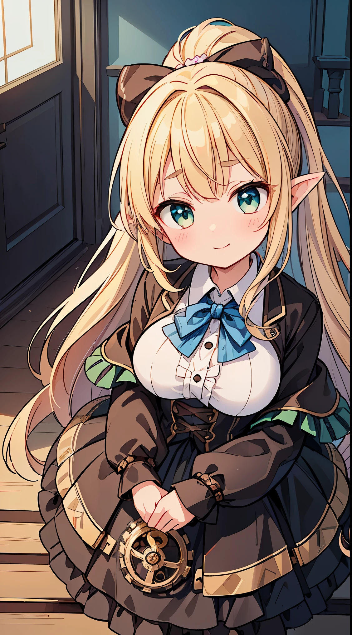 (super fine illustration:1.2),(masterpiece, 8k), (best quality, high quality:1.4), perfect anatomy, hyper detailed, ultra detailed,masterpiece background,beautiful detailed background, v8k wallpaper,perfect design,award-winning art,atmospheric,
BREAK, 1 beautiful girl, girl, (cute:1.5),(Little:0.5),(cute:2.0),(change:2.0),(12 year old girl),(big breasts:1.65),(chin hair,blonde,blue bow,green eyes,Eyebrows visible through the hair,side lock,long hair with bangs parted, hair flower, hair ornaments, big ribbon in hair, curly hair, ponytail:1.6),:he, white feathers, one thin white wing, Ang he wings, spread your wings, shining wings),pit \black},glowing skin, beautiful skin, Shining beautiful skin, open your mouth, bashful smile, alone, tooth, upper teeth,(long eyheashes, double eyheids:1.2),alone, glowing skin, beautiful skin, Shining beautiful skin,(highest quality face),(highest quality shining eyes),
BREAK, (steampunk-inspired motif:1.33), smoky lace, brown corset, (closed collar long-sleeved blouse:1.2) heavy coat with black frills, a volumey pannier under a (long skirt:1.3), lace ruffle socks, top hat, goggles, lace-up boots, leather glove, steampunk-items,BREAK, (delicate facial features:1.3),
(very wide:1.3),(panorama view:1.3),(sense of depth:1.5),(long shot:1.3),(magnificent view:1.3),desk in her gaming room playing video games she is wearing a headphone a loose fitting shirt a black dolphin shorts computer screen glowing no eye contact from a higher angle graphic design illustration anime style main color white and blue
BREAK,wakame,wakame,wakame,(looking up,from front above:1.5)
(going up on stairs:1.5),
BREAK,(Blurry background:1.3),(absurderes, hight resolution, Super Detail Art),cel shading,Clear Color, Lonely optical effect, Beautiful pictures, Bright glow, mystic atmosphere,(Close-up of girl:1.1), Mystical light particle effect,manga influence, clean line drawings,