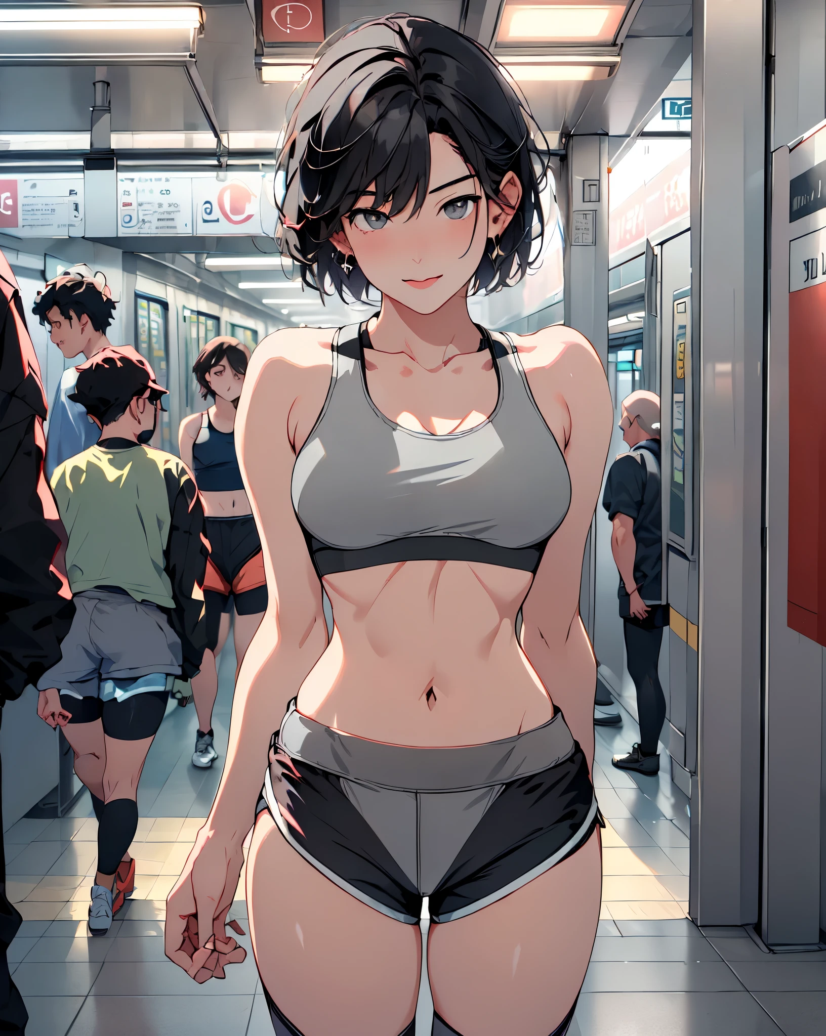 (masterpiece, best quality:1.37), highres, ultra-detailed, ultra-sharp, BREAK, Korean school idol, (((1girl:1.37, solo))), (beautiful anime face, cute face, detailed face), (black hair, thin hair, short hair, bangs, hime-cut), detailed beautiful cyan eyes, BREAK, ((detailed grey sports bra:1.5), (detailed shorts:1.5)), BREAK, lovely look, water melon earing, detailed clothes), light smile, closed mouth, parted lips, pink lipstick, BREAK, ((standing, arms behind back,:1.3, cowboy shot)), detailed human hands, HDTV:1.2, ((detailed subway station view background:1.3)), 8 life size, slender, anime style, anime style school girl, perfect anatomy, perfect proportion, inspiration from Kyoto animation and A-1 picture, late evening, excellent lighting, bright colors, clean lines, photorealistic