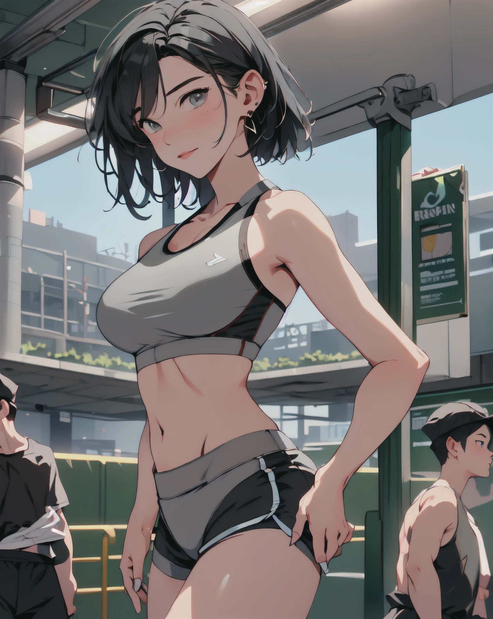 (masterpiece, best quality:1.37), highres, ultra-detailed, ultra-sharp, BREAK, Korean school idol, (((1girl:1.37, solo))), (beautiful anime face, cute face, detailed face), (black hair, thin hair, short hair, bangs, hime-cut), detailed beautiful cyan eyes, BREAK, ((detailed grey sports bra:1.5), (detailed shorts:1.5)), BREAK, lovely look, water melon earing, detailed clothes), light smile, closed mouth, parted lips, pink lipstick, BREAK, ((standing, arms behind back,:1.3, cowboy shot)), detailed human hands, HDTV:1.2, ((detailed subway station view background:1.3)), 8 life size, slender, anime style, anime style school girl, perfect anatomy, perfect proportion, inspiration from Kyoto animation and A-1 picture, late evening, excellent lighting, bright colors, clean lines, photorealistic