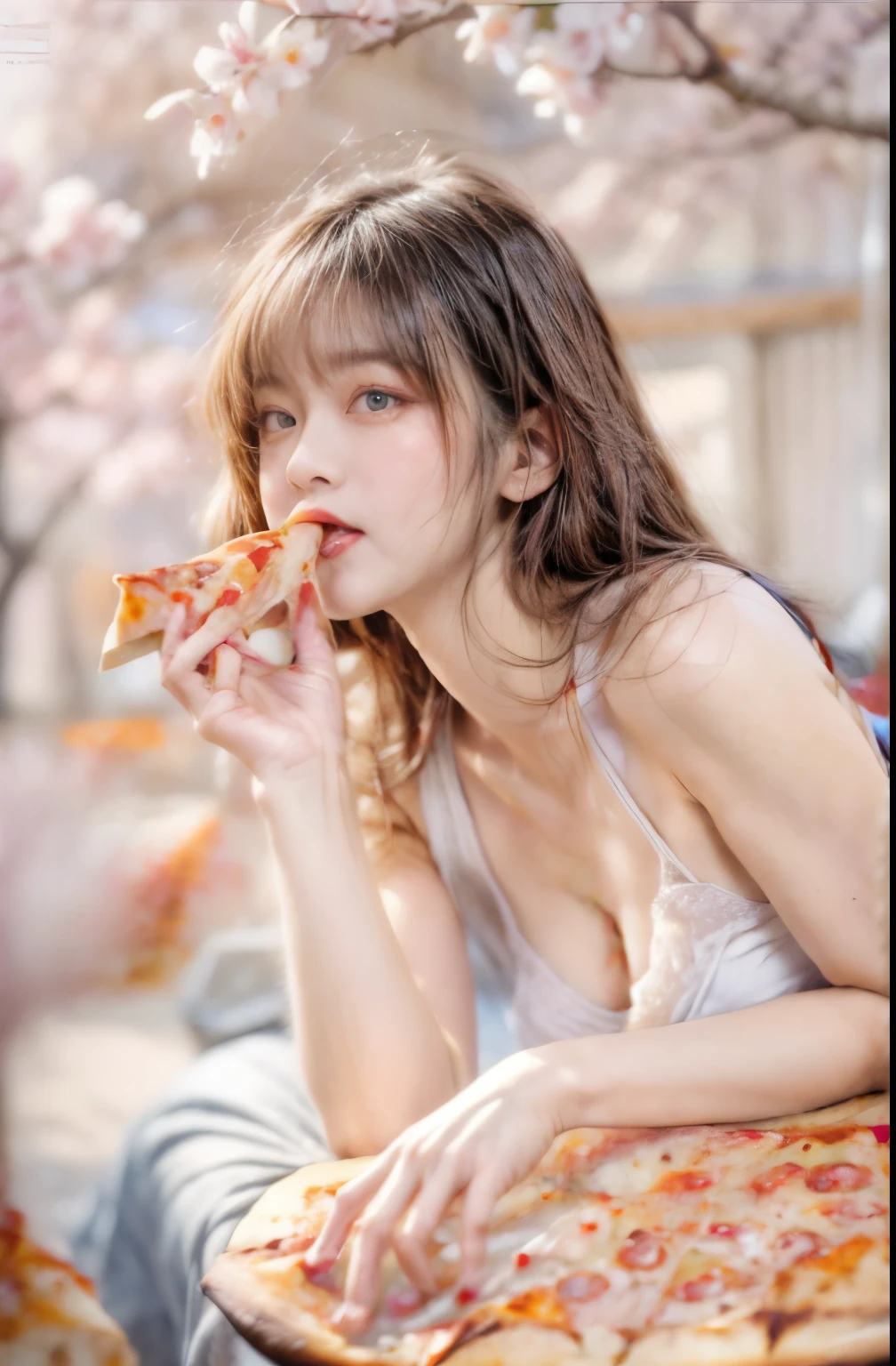 masterpiece、8K、32K、highest quality、(Detailed both eyes)、(cute japanese woman、bangs:1.3)、23 years old、1 girl、elegant、black hair、(retro、film camera:1.4)、(huge :1.2)、(Cherry blossom viewing:1.3)、lie down、(eating pizza:1.7)