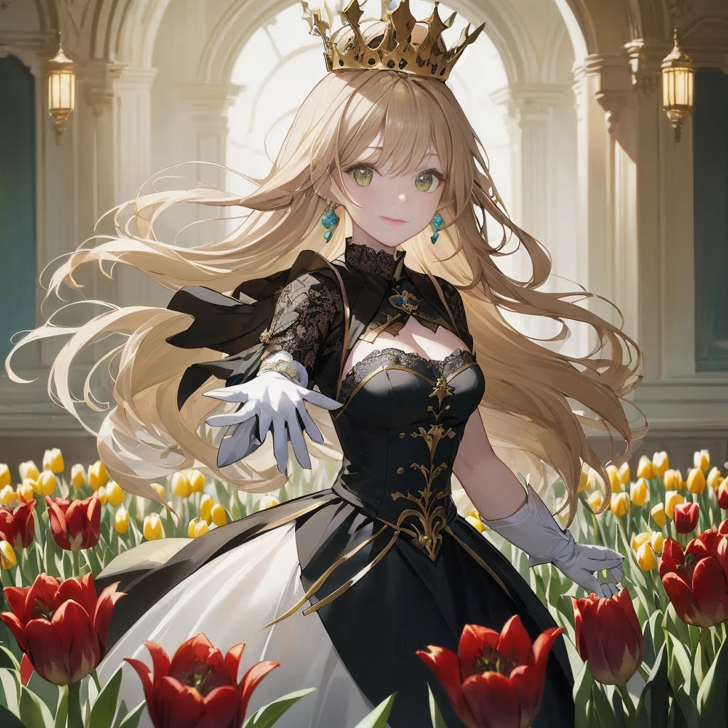 anime girl in a black dress and a crown standing in a field of tulips, blonde - haired princess, queen of flowers, royal elegant pose, flower queen, ((a beautiful fantasy empress)), guweiz on pixiv artstation, cushart krenz key art feminine, guweiz on artstation pixiv, she has a crown of flowers