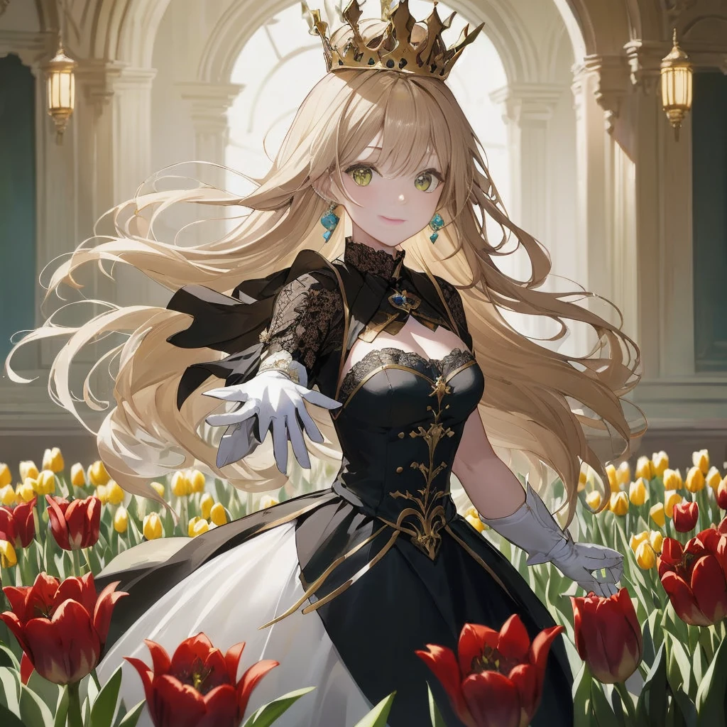 anime girl in a black dress and a crown standing in a field of tulips, blonde - haired princess, queen of flowers, royal elegant pose, flower queen, ((a beautiful fantasy empress)), guweiz on pixiv artstation, cushart krenz key art feminine, guweiz on artstation pixiv, she has a crown of flowers