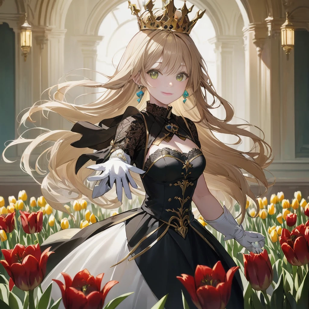 anime girl in a black dress and a crown standing in a field of tulips, blonde - haired princess, queen of flowers, royal elegant pose, flower queen, ((a beautiful fantasy empress)), guweiz on pixiv artstation, cushart krenz key art feminine, guweiz on artstation pixiv, she has a crown of flowers