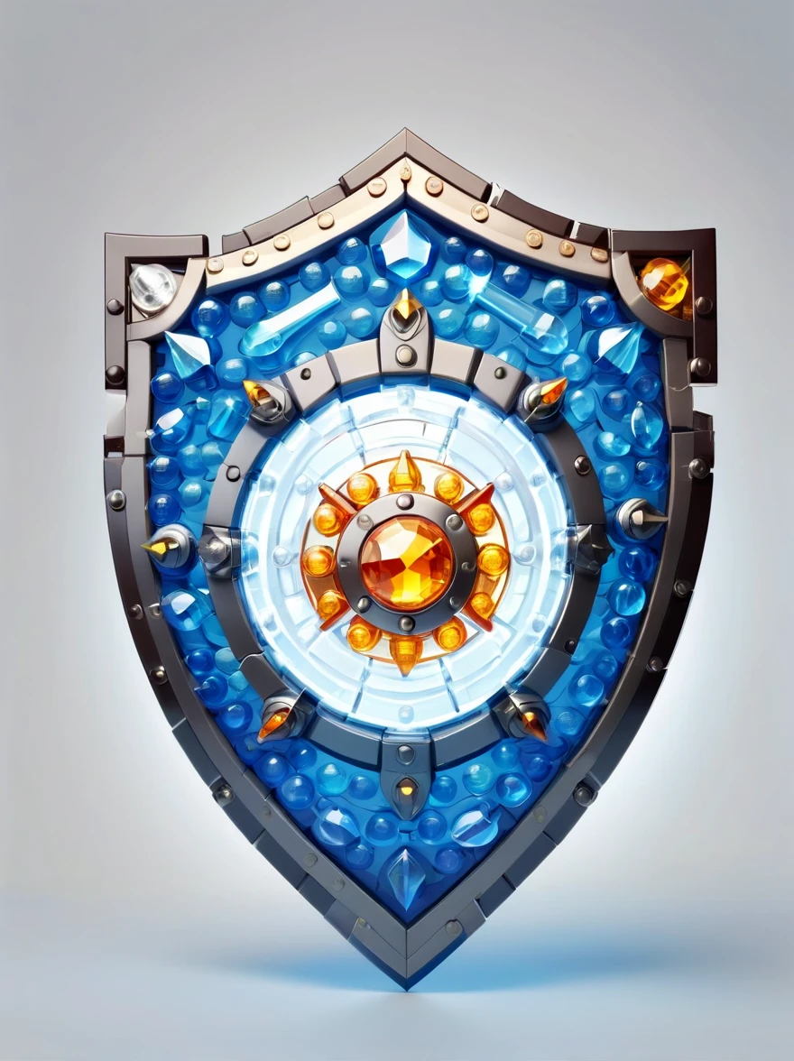 High quality concept game art of fantasy lego shield, simple background, extremely detailed, glowing clear gem power made of intricate lego bricks, concept weapon art