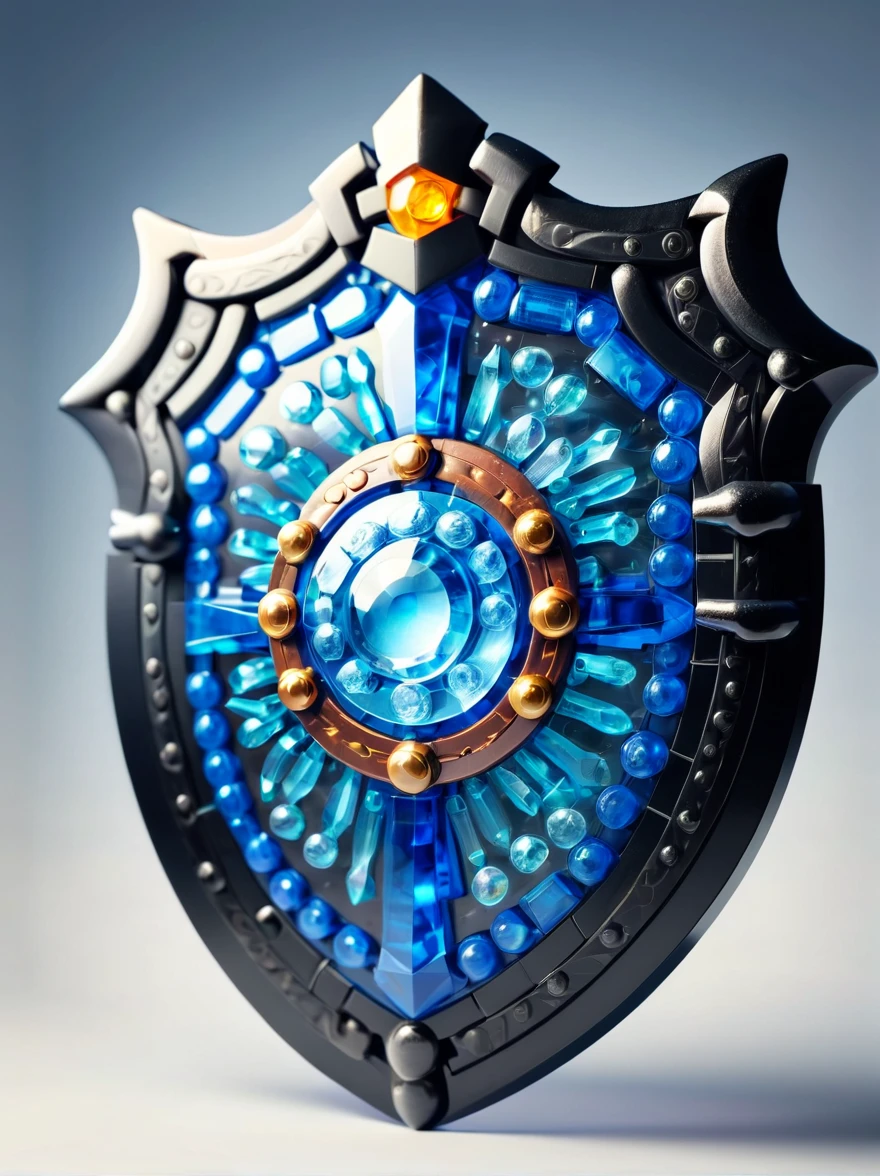 High quality concept game art of fantasy lego shield, simple background, extremely detailed, glowing clear gem power made of intricate lego bricks, concept weapon art