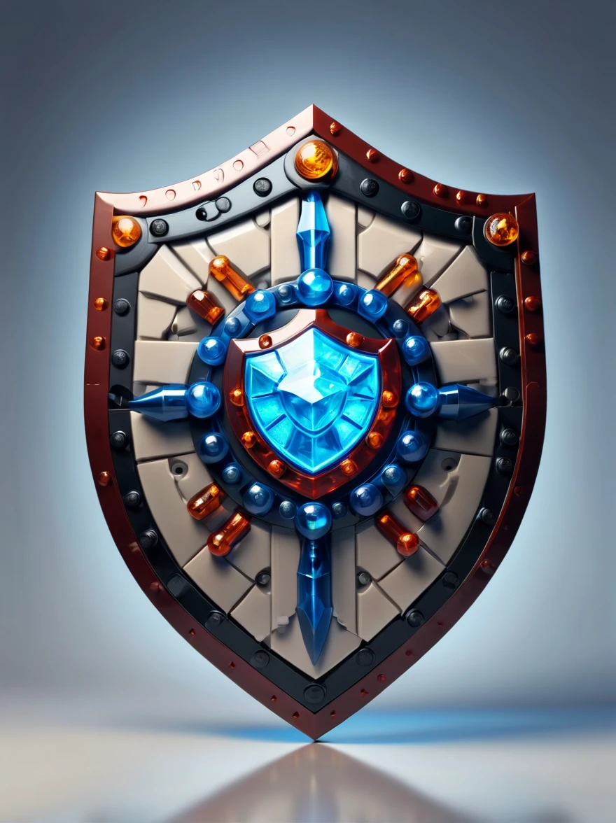 High quality concept game art of fantasy lego shield, simple background, extremely detailed, glowing clear gem power made of intricate lego bricks, concept weapon art