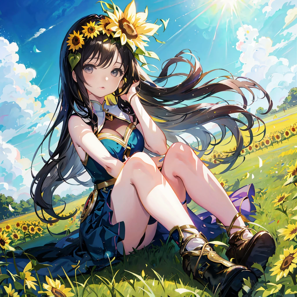 anime girl sitting in a field with flowers in her hair, beautiful sunflower anime girl, official artwork, beautiful anime girl, anime moe artstyle, official art, official anime artwork, trending on artstation pixiv, rin, marin kitagawa fanart, cute anime waifu in a nice dress, epic light novel art cover, anime visual of a cute girl, pretty anime girl