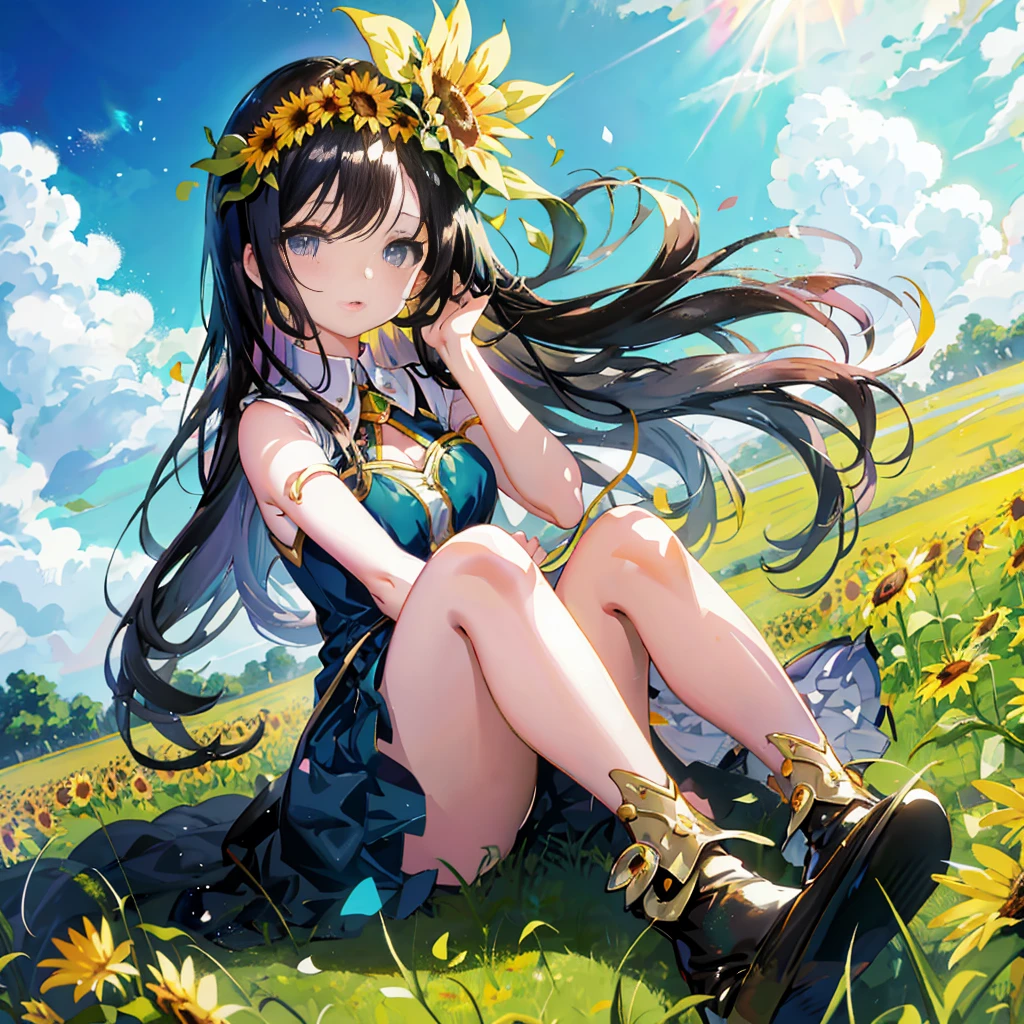 anime girl sitting in a field with flowers in her hair, beautiful sunflower anime girl, official artwork, beautiful anime girl, anime moe artstyle, official art, official anime artwork, trending on artstation pixiv, rin, marin kitagawa fanart, cute anime waifu in a nice dress, epic light novel art cover, anime visual of a cute girl, pretty anime girl