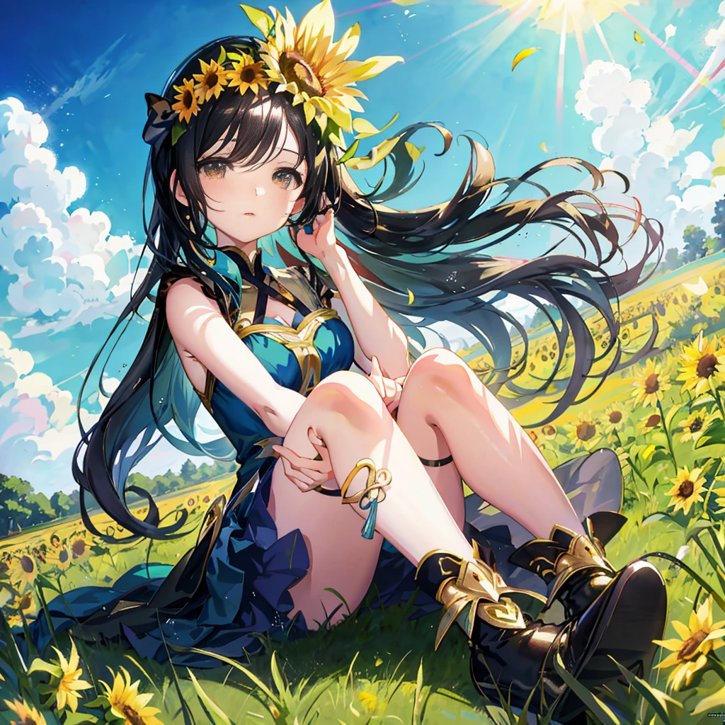 anime girl sitting in a field with flowers in her hair, beautiful sunflower anime girl, official artwork, beautiful anime girl, anime moe artstyle, official art, official anime artwork, trending on artstation pixiv, rin, marin kitagawa fanart, cute anime waifu in a nice dress, epic light novel art cover, anime visual of a cute girl, pretty anime girl