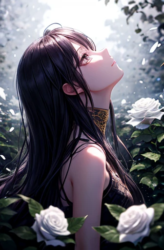 masterpiece, best quality, 1girl, white roses, petals, night background, fireflies, light particle, solo, black long hair, ember gold eyes, standing, pixiv, depth of field, cinematic composition, best lighting, looking up
