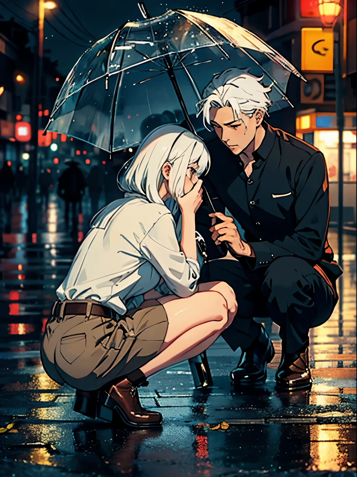 Anime adult guy man holding umbrella for woman, Man bends down to comfort woman,Woman squatting on the ground,The woman cried,rainy day,Very detailed, white hair, gentle, rainy night