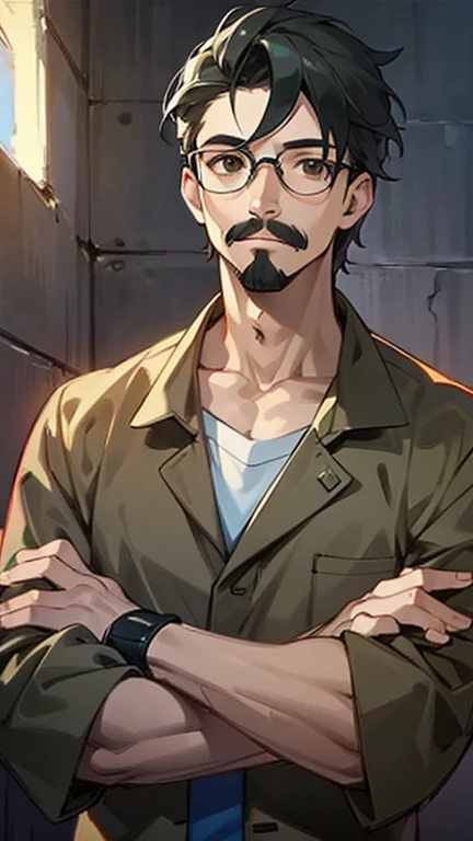 masterpiece, 最high quality, high quality, man 1、30 years old,alone, male focus, Appears to be thinking, whole body, face with mustache, Undisturbed black hair styled with pomade, brown eyes, wearing glasses, doctor、arms crossed