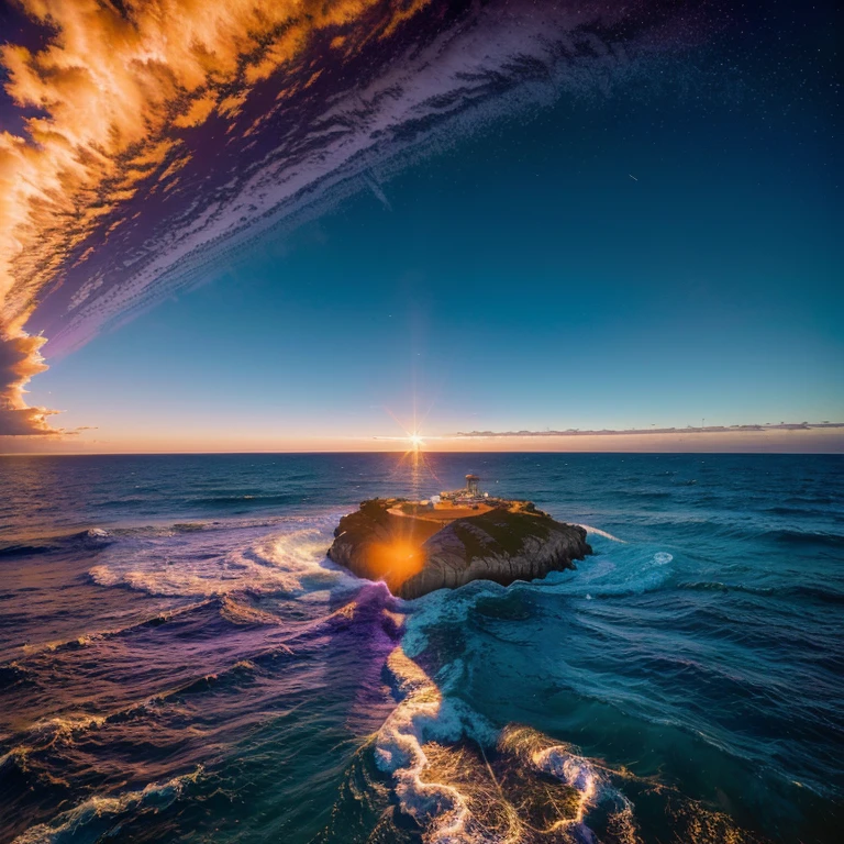 (masterpiece, best quality:1.4), cinematic light, colorful, high contrast, neon, sky, sunlight, space, beach, wave, no people, expansive landscape photography, (a view from below that shows the sky above and the sea below use a lot of purple and orange, details, warm colors and vibrant Japanese anime style  