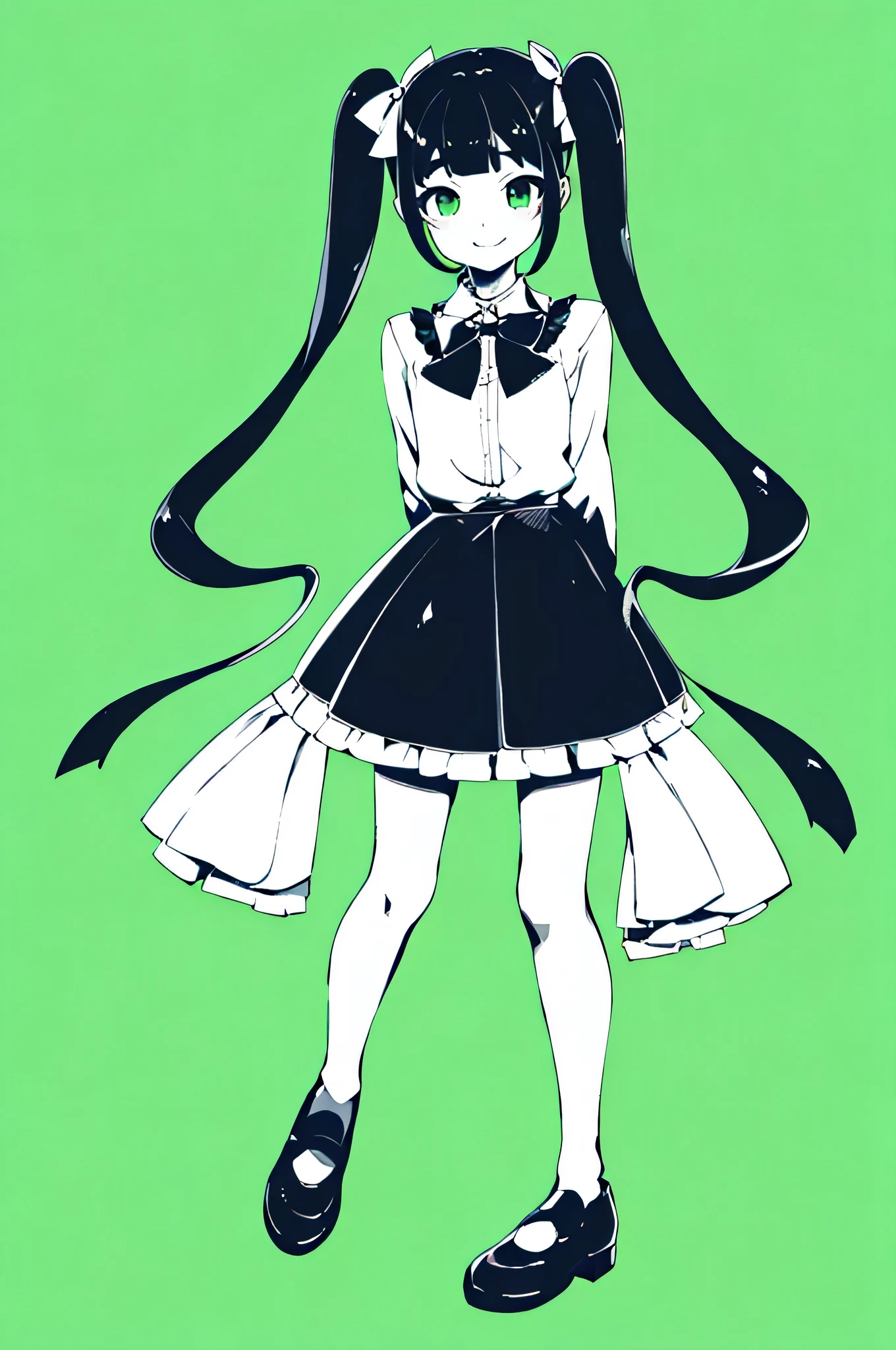 masterpiece,best quality,1girl,solo,long_hair,looking_at_viewer,smile,bangs,skirt,simple_background,shirt,black_hair,long_sleeves,bow,twintails,monochrome,hair_bow,heart,frills,shoes,bowtie,green_eyes,bra,heart-shaped_pupils,green_background,pink_shirt,arms behind back,jirai_kei,closed mouth,