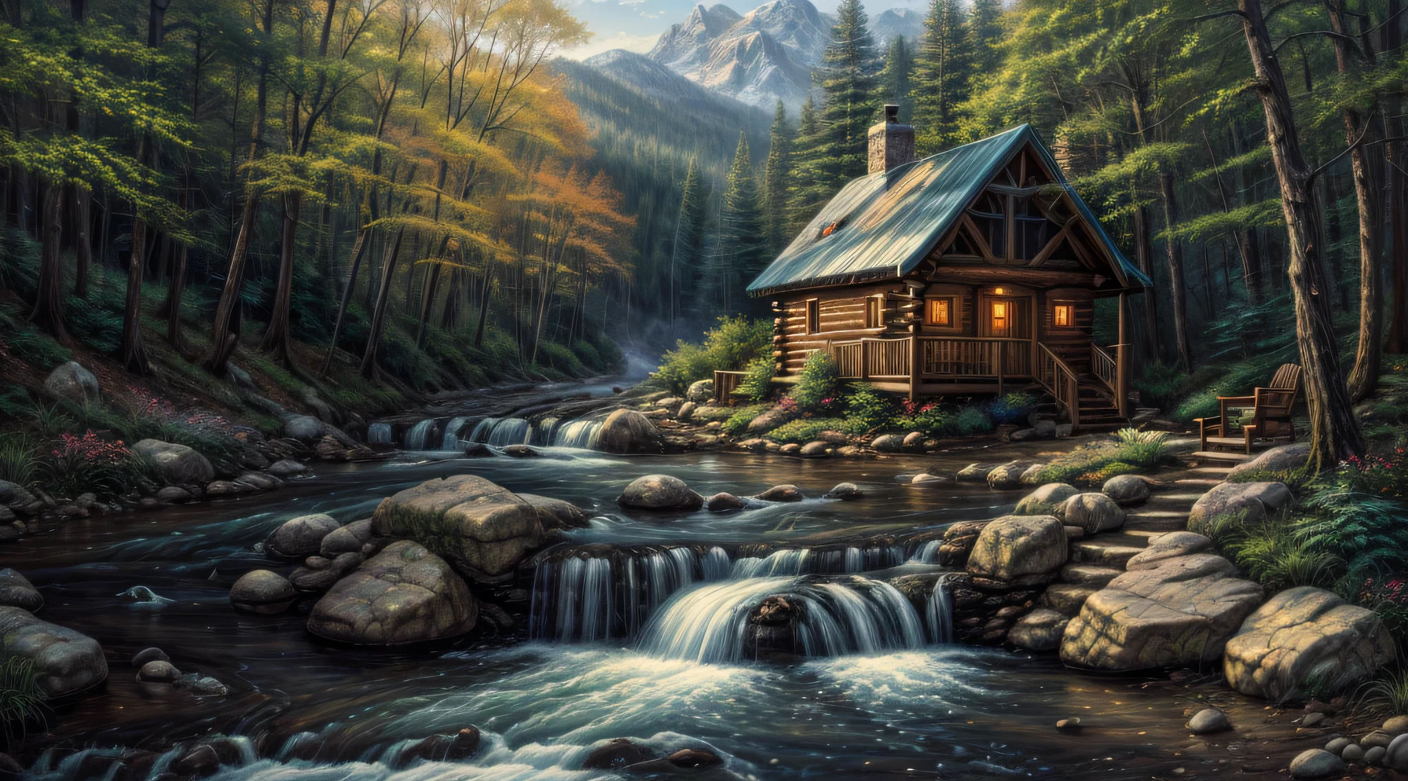 painting of a cabin in a mountain stream with a waterfall, children play around cabin, 4 k oil painting, beautiful oil matte painting, oil painting 4 k, oil painting 4k, cottage in the forest, beautiful oil painting on canvas, beautiful digital painting, smooth oil painting, beautiful art uhd 4 k, 8 k hd detailed oil painting, oil digital painting, Inspired by Thomas Kinkade.
