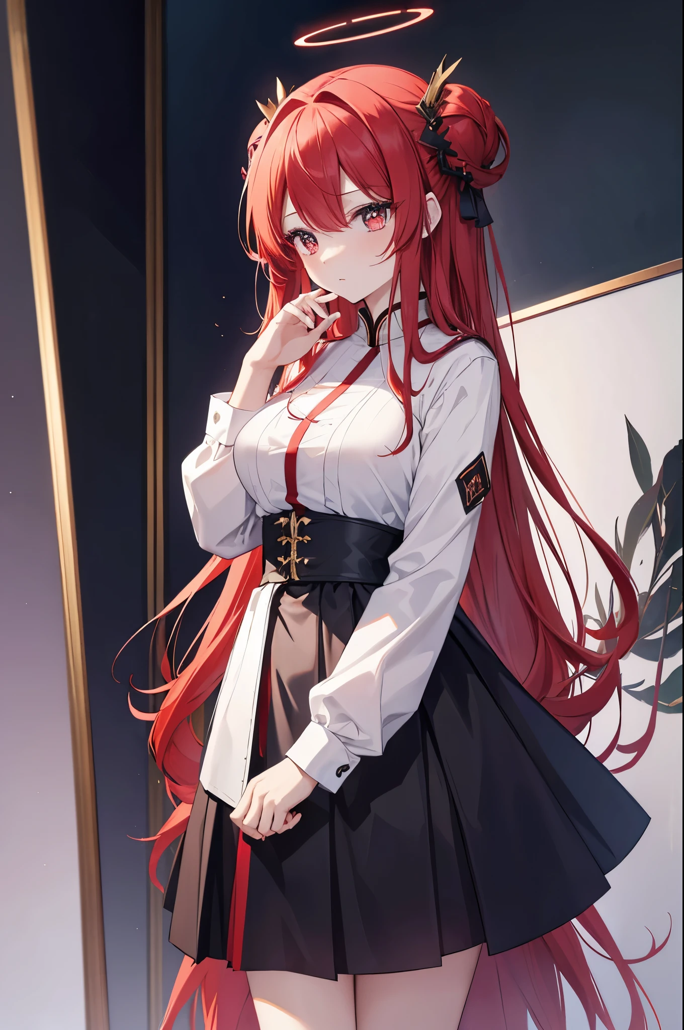 a human girl，side view，top view，Royal sister的身材，female face，Poker face，Long straight red hair，red hair，red eyes，Eyes with vertical pupils，There are highlights in the eyes，female hands，novice，Normal fingers，All the time with your hands crossed at the waist，Wear a white shirt，Wearing a black plaid skirt，There is a red halo on the head，Flame pattern in halo，masterpiece，Exquisite and exquisite two-dimensional exquisite painting style，Exquisite and delicate，8K high quality，CG wallpaper，HD，Large，solo，tomorrow ark风格，tomorrow ark，Large，Royal sister，Royal sister的气质，Royal sister的身材，Tall and plump body，solo，All the time with your hands crossed at the waist，There is a red halo on the head，Flame pattern in halo