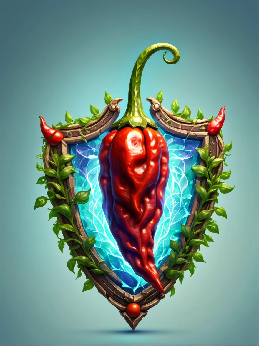 High quality concept game art of the fantasy Chili Pepper Shield, simple background, extremely detailed, glowing transparent gemstone power, made from intricate Chili Pepper vines, concept weapon art